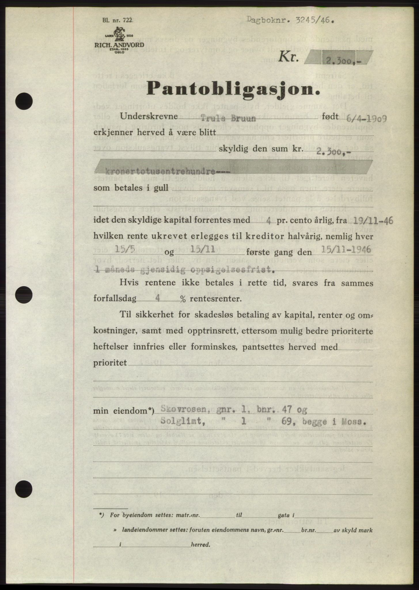 Moss sorenskriveri, SAO/A-10168: Pantebok nr. B16, 1946-1947, Dagboknr: 3245/1946