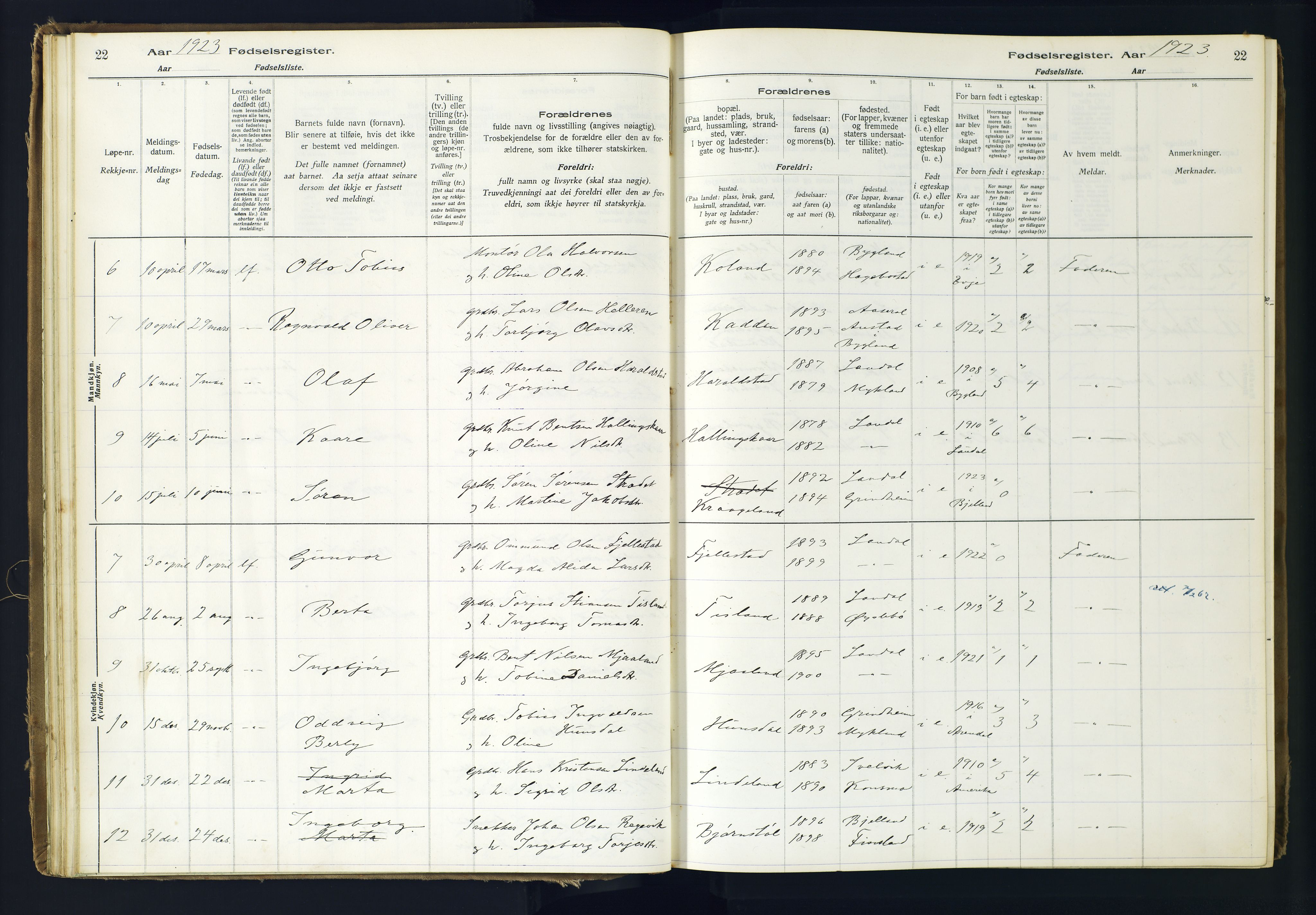 Holum sokneprestkontor, AV/SAK-1111-0022/J/Ja/L0001: Fødselsregister nr. II.6.10, 1916-1982, s. 22