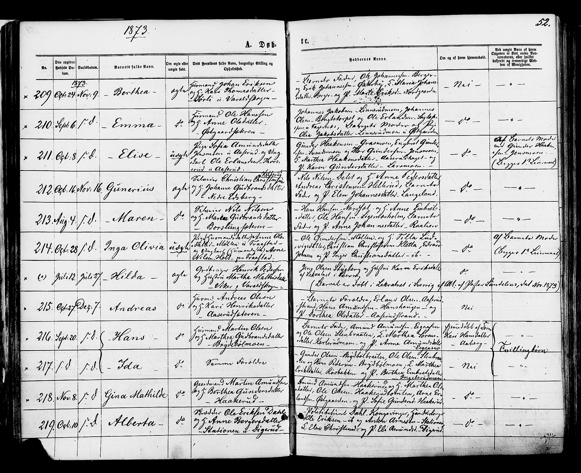 Vinger prestekontor, AV/SAH-PREST-024/H/Ha/Haa/L0012: Ministerialbok nr. 12, 1871-1880, s. 52