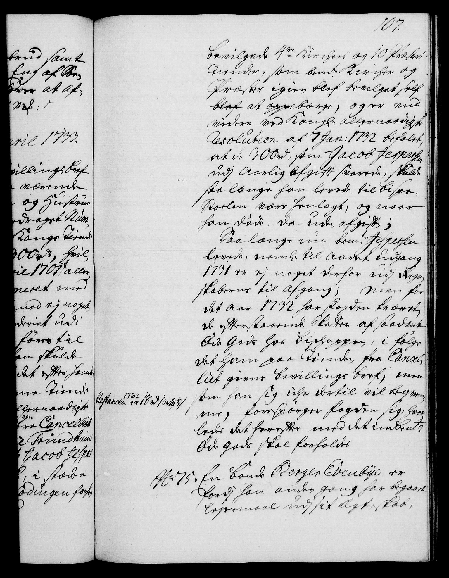Rentekammeret, Kammerkanselliet, RA/EA-3111/G/Gh/Gha/L0015: Norsk ekstraktmemorialprotokoll (merket RK 53.60), 1733, s. 107