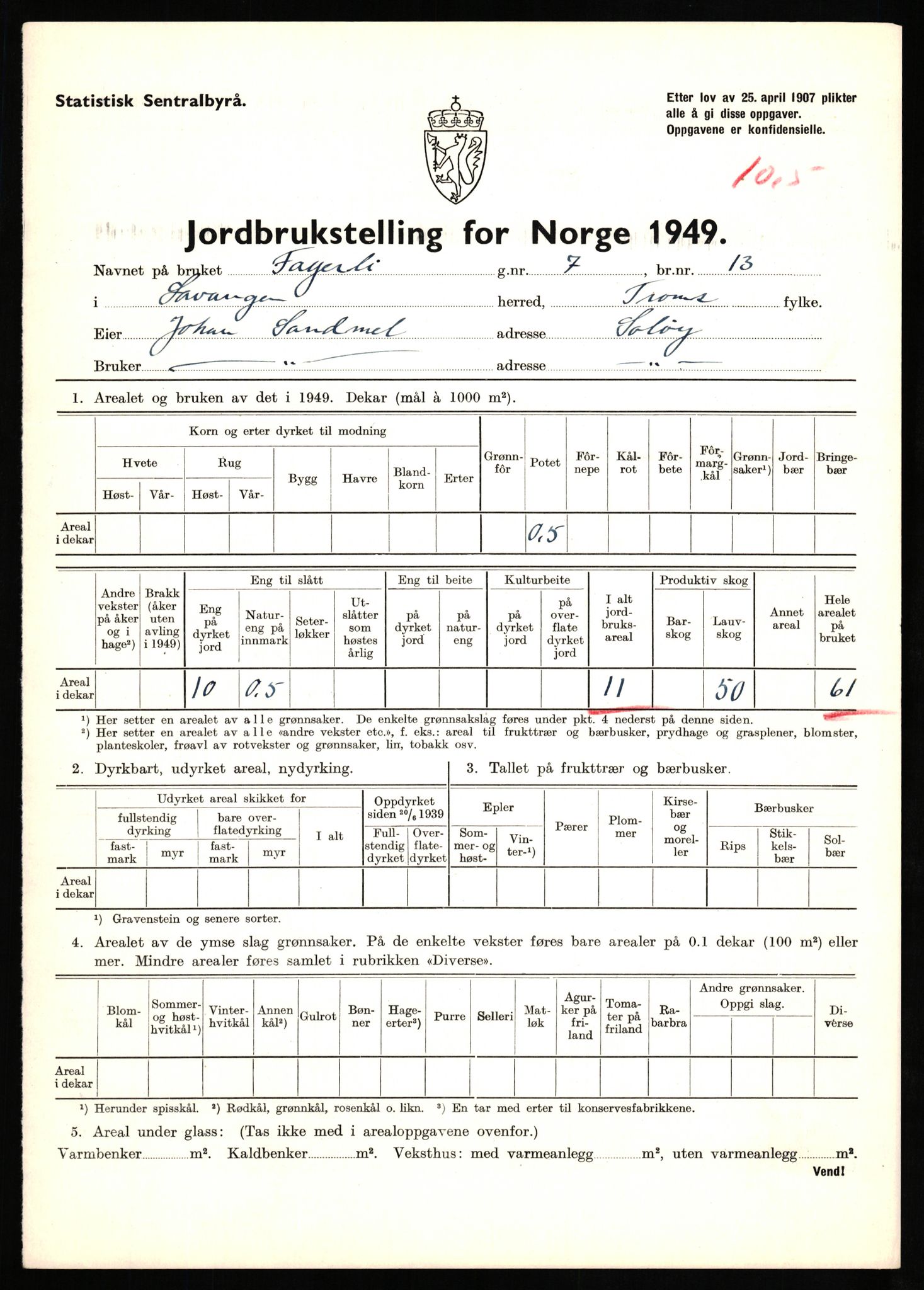 Statistisk sentralbyrå, Næringsøkonomiske emner, Jordbruk, skogbruk, jakt, fiske og fangst, AV/RA-S-2234/G/Gc/L0437: Troms: Gratangen og Lavangen, 1949, s. 66