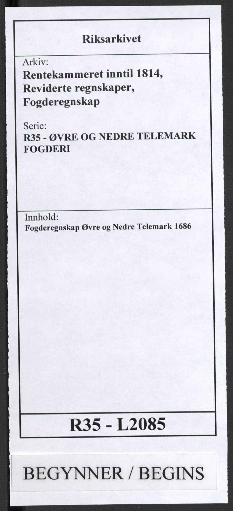 Rentekammeret inntil 1814, Reviderte regnskaper, Fogderegnskap, AV/RA-EA-4092/R35/L2085: Fogderegnskap Øvre og Nedre Telemark, 1686, s. 1