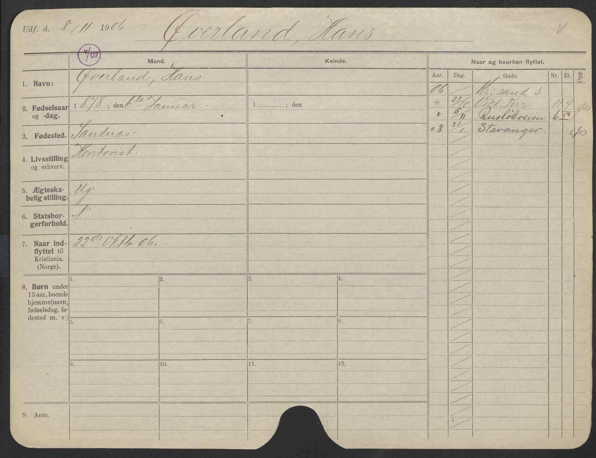 Oslo folkeregister, Registerkort, AV/SAO-A-11715/F/Fa/Fac/L0011: Menn, 1906-1914, s. 1122a