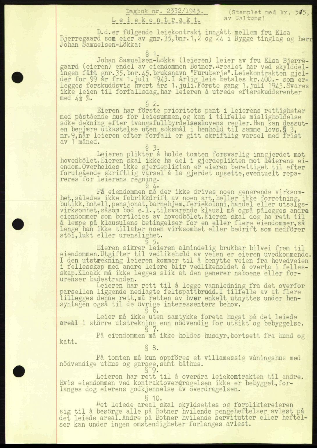 Moss sorenskriveri, SAO/A-10168: Pantebok nr. A12, 1943-1944, Dagboknr: 2332/1943
