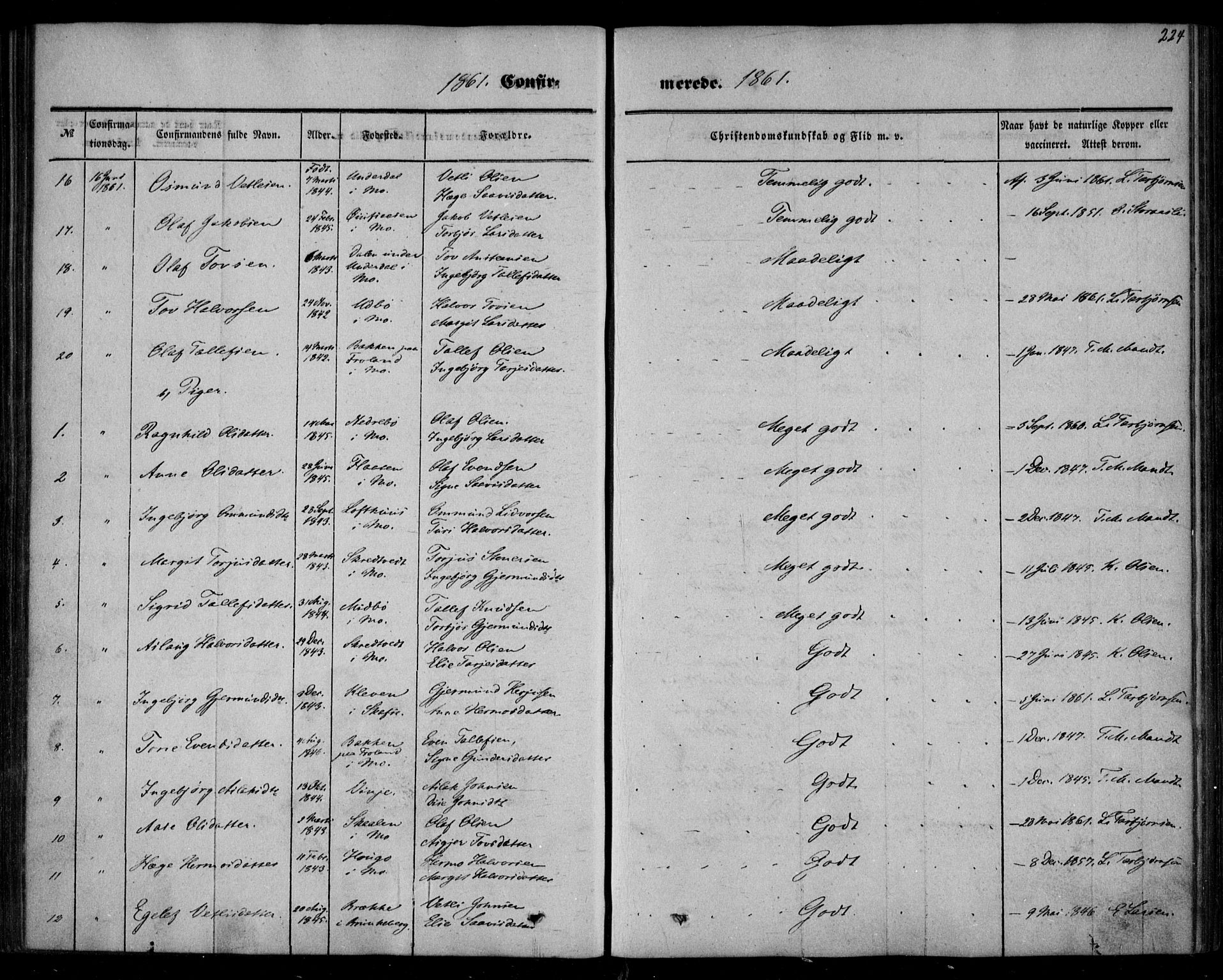Mo kirkebøker, AV/SAKO-A-286/F/Fa/L0005: Ministerialbok nr. I 5, 1844-1864, s. 224