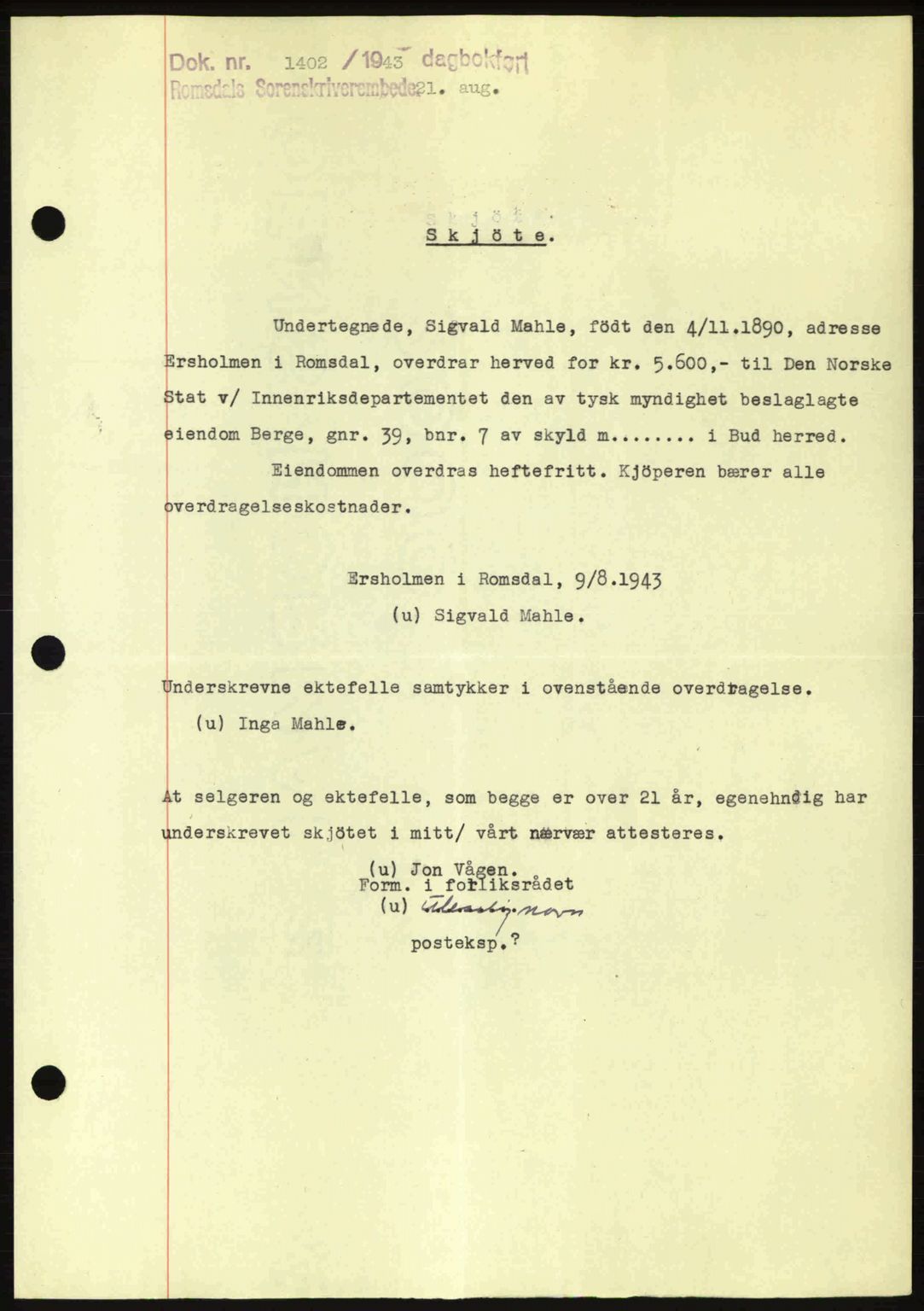 Romsdal sorenskriveri, SAT/A-4149/1/2/2C: Pantebok nr. A14, 1943-1943, Dagboknr: 1402/1943