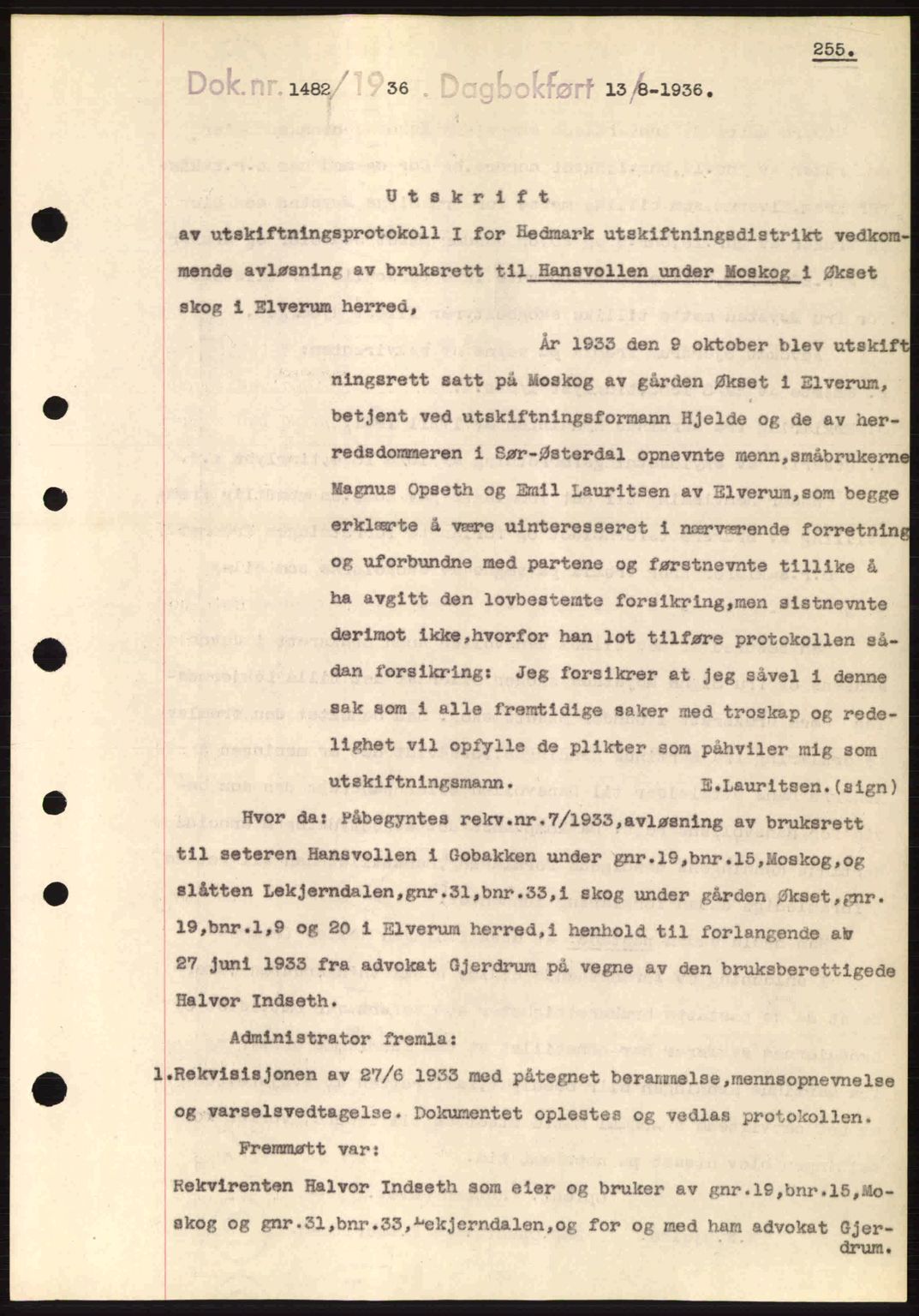 Sør-Østerdal sorenskriveri, SAH/TING-018/H/Hb/Hbb/L0054: Pantebok nr. A54, 1936-1936, Dagboknr: 1482/1936