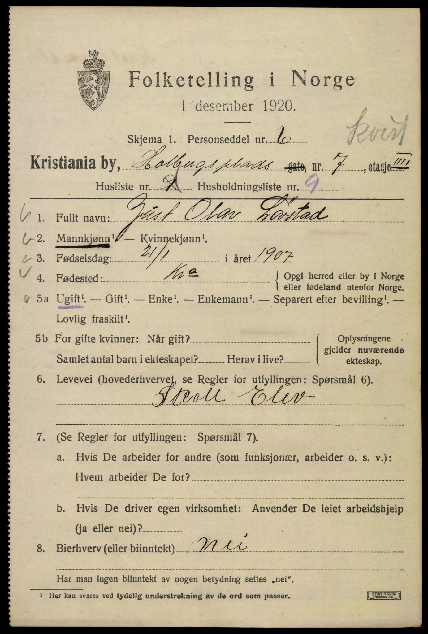SAO, Folketelling 1920 for 0301 Kristiania kjøpstad, 1920, s. 296017