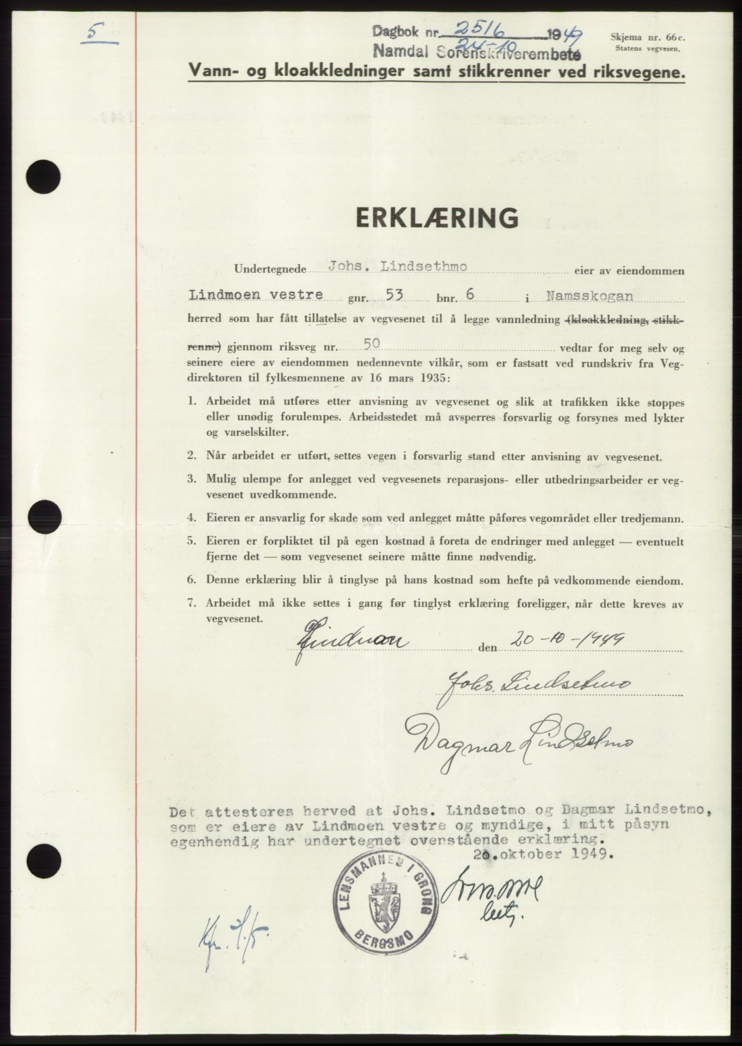 Namdal sorenskriveri, SAT/A-4133/1/2/2C: Pantebok nr. -, 1949-1949, Dagboknr: 2516/1949