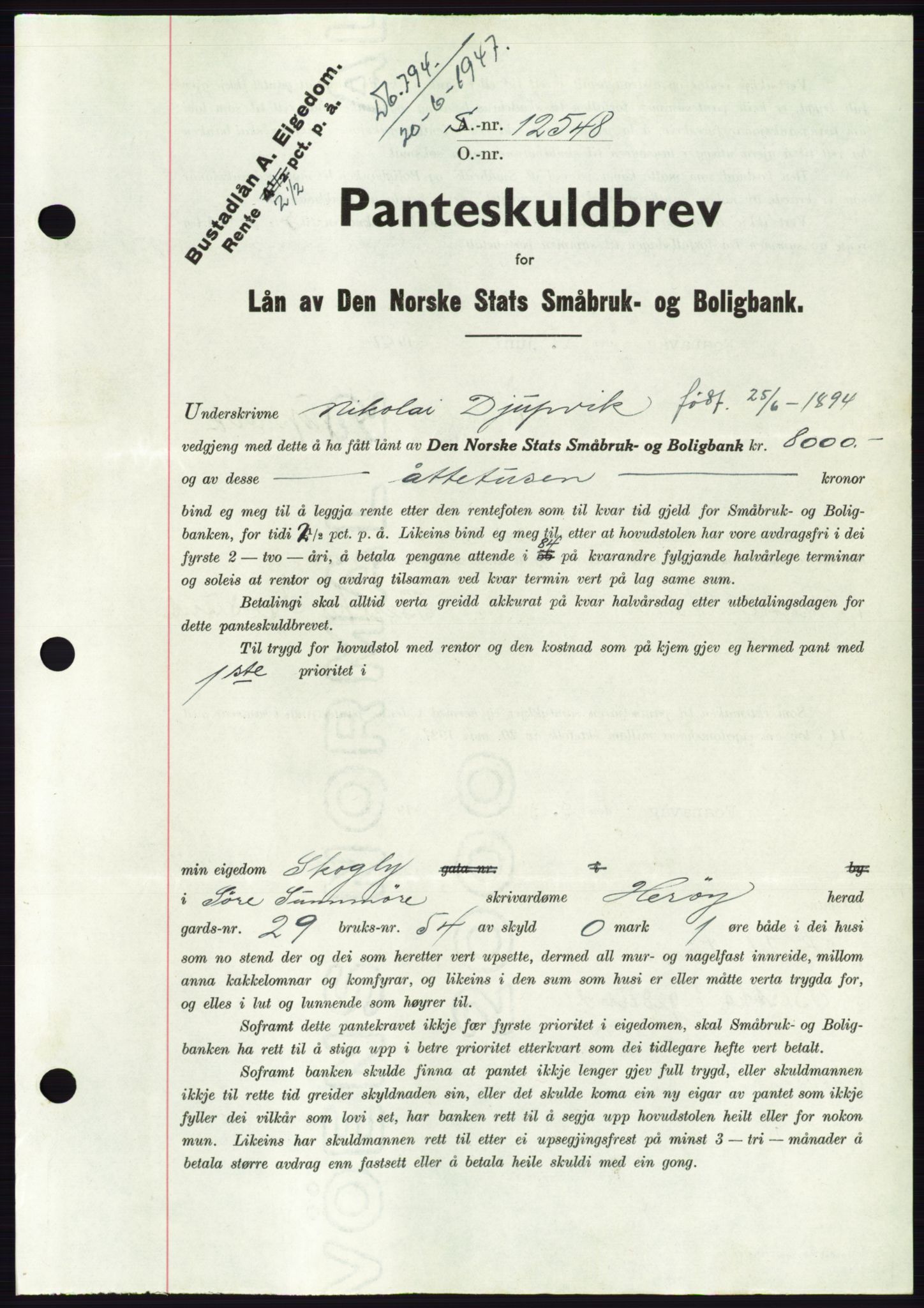 Søre Sunnmøre sorenskriveri, AV/SAT-A-4122/1/2/2C/L0115: Pantebok nr. 3B, 1947-1948, Dagboknr: 794/1947