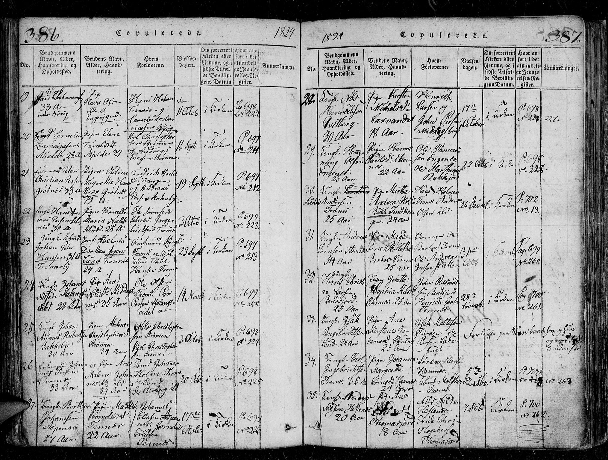 Tromsø sokneprestkontor/stiftsprosti/domprosti, AV/SATØ-S-1343/G/Gb/L0001klokker: Klokkerbok nr. 1, 1821-1833, s. 386-387