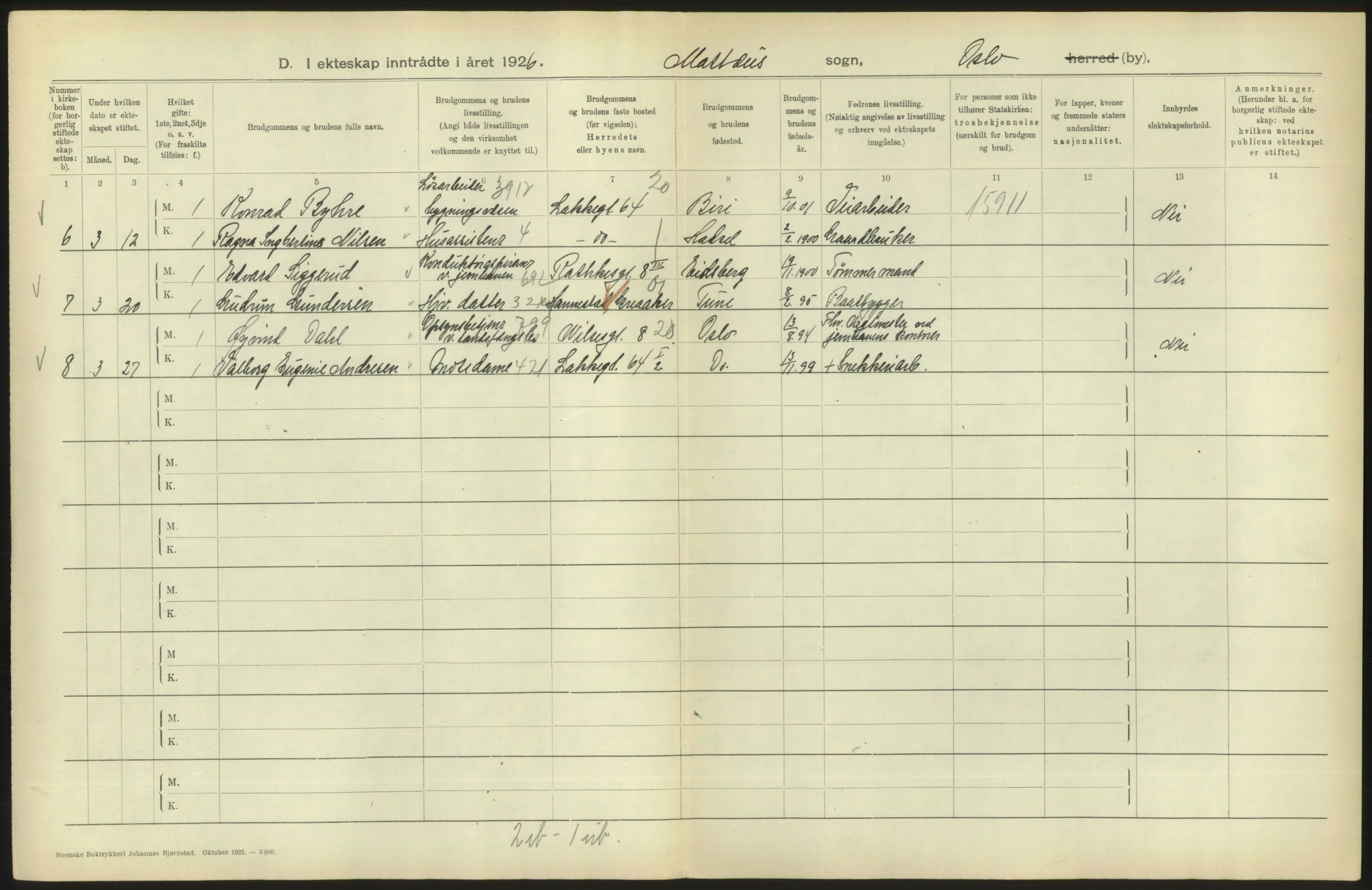 Statistisk sentralbyrå, Sosiodemografiske emner, Befolkning, AV/RA-S-2228/D/Df/Dfc/Dfcf/L0008: Oslo: Gifte, 1926, s. 798