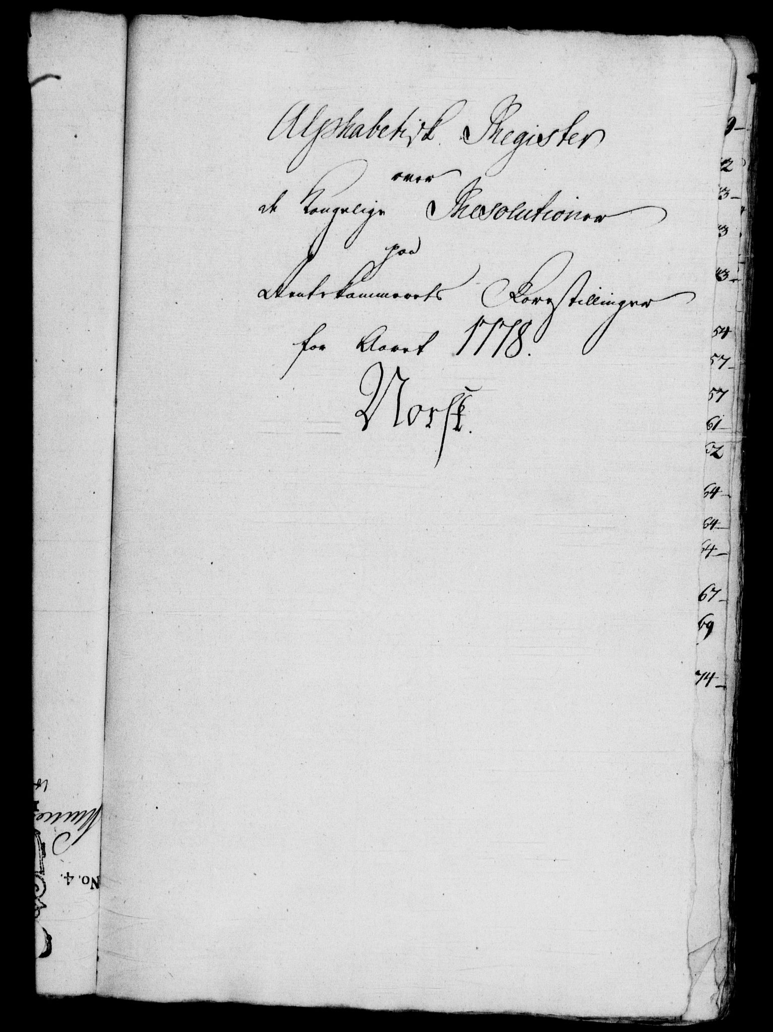 Rentekammeret, Kammerkanselliet, RA/EA-3111/G/Gf/Gfb/L0010: Register til norske relasjons- og resolusjonsprotokoller (merket RK 52.105), 1775-1780, s. 164