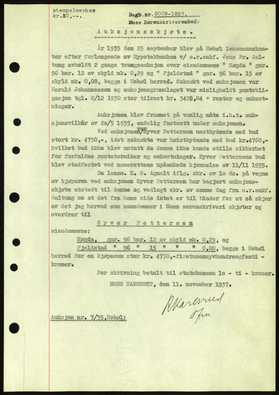 Moss sorenskriveri, SAO/A-10168: Pantebok nr. A3, 1937-1938, Dagboknr: 2009/1937