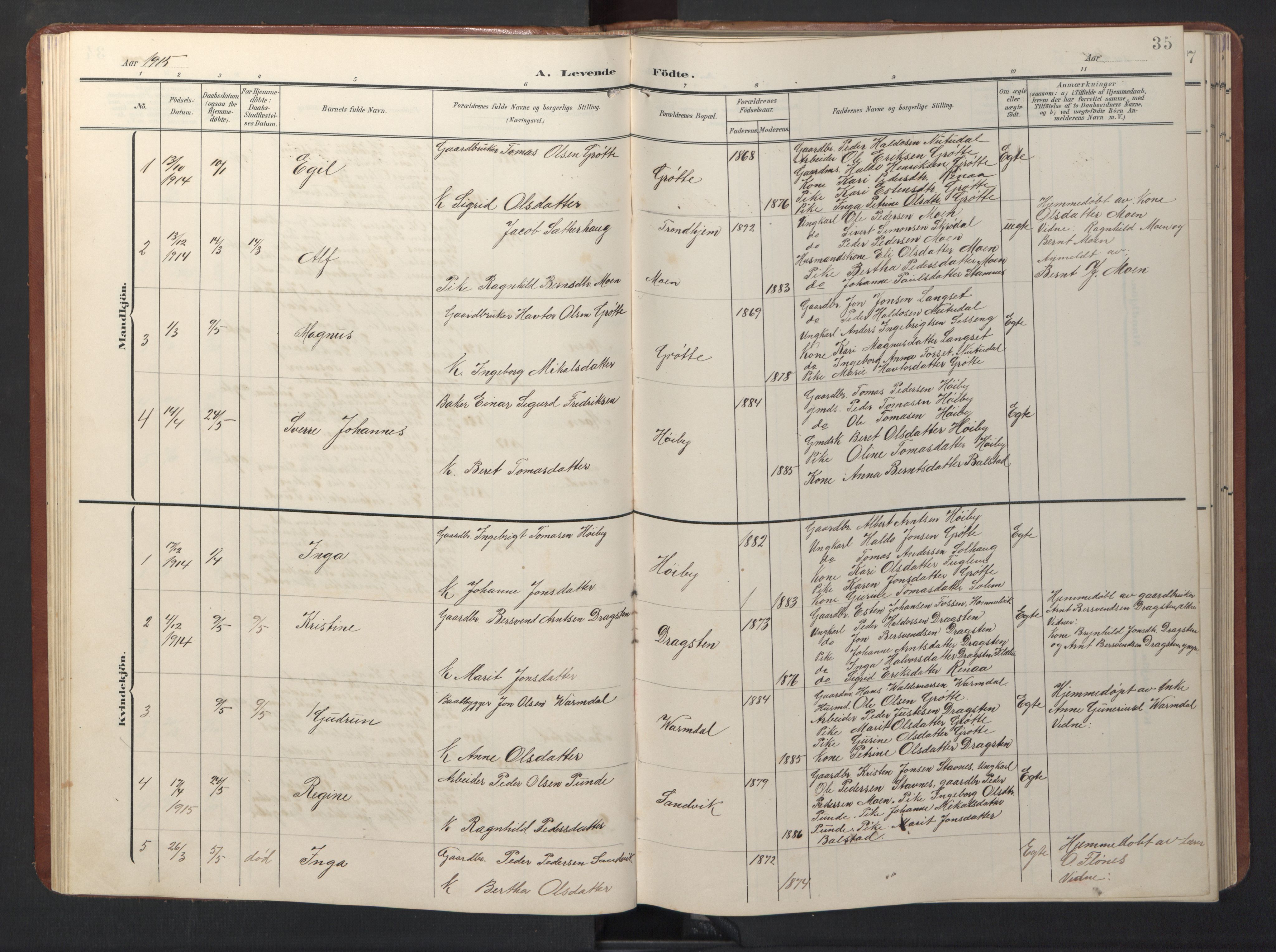 Ministerialprotokoller, klokkerbøker og fødselsregistre - Sør-Trøndelag, AV/SAT-A-1456/696/L1161: Klokkerbok nr. 696C01, 1902-1950, s. 35