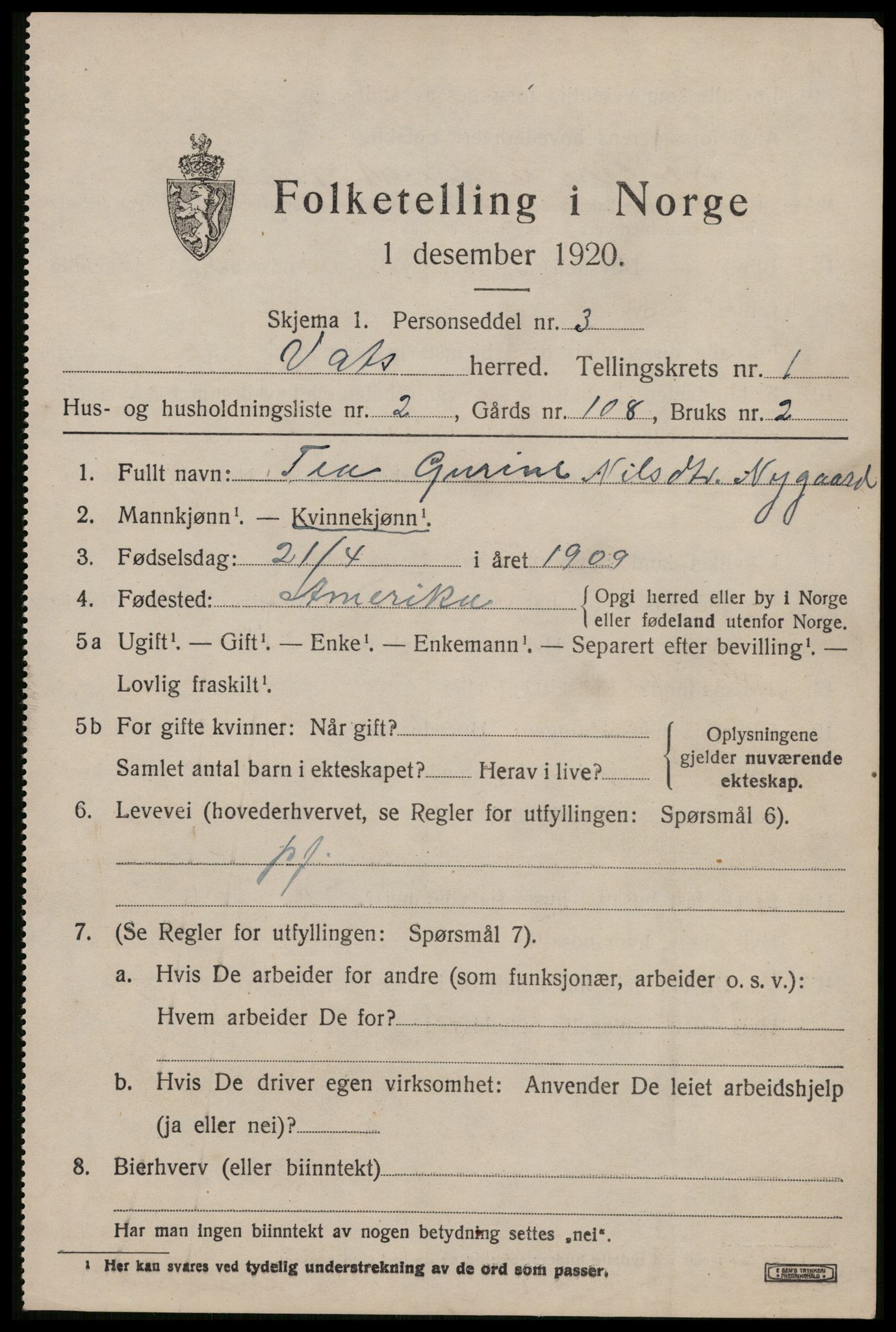 SAST, Folketelling 1920 for 1155 Vats herred, 1920, s. 513