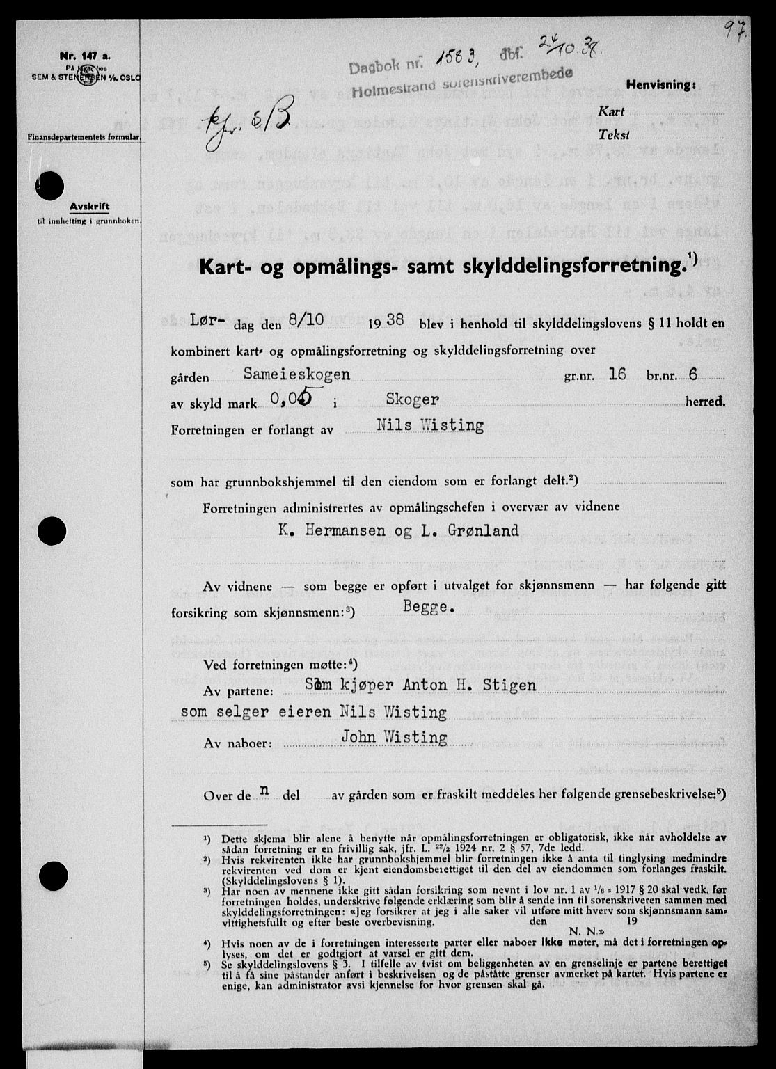 Holmestrand sorenskriveri, SAKO/A-67/G/Ga/Gaa/L0050: Pantebok nr. A-50, 1938-1939, Dagboknr: 1583/1938