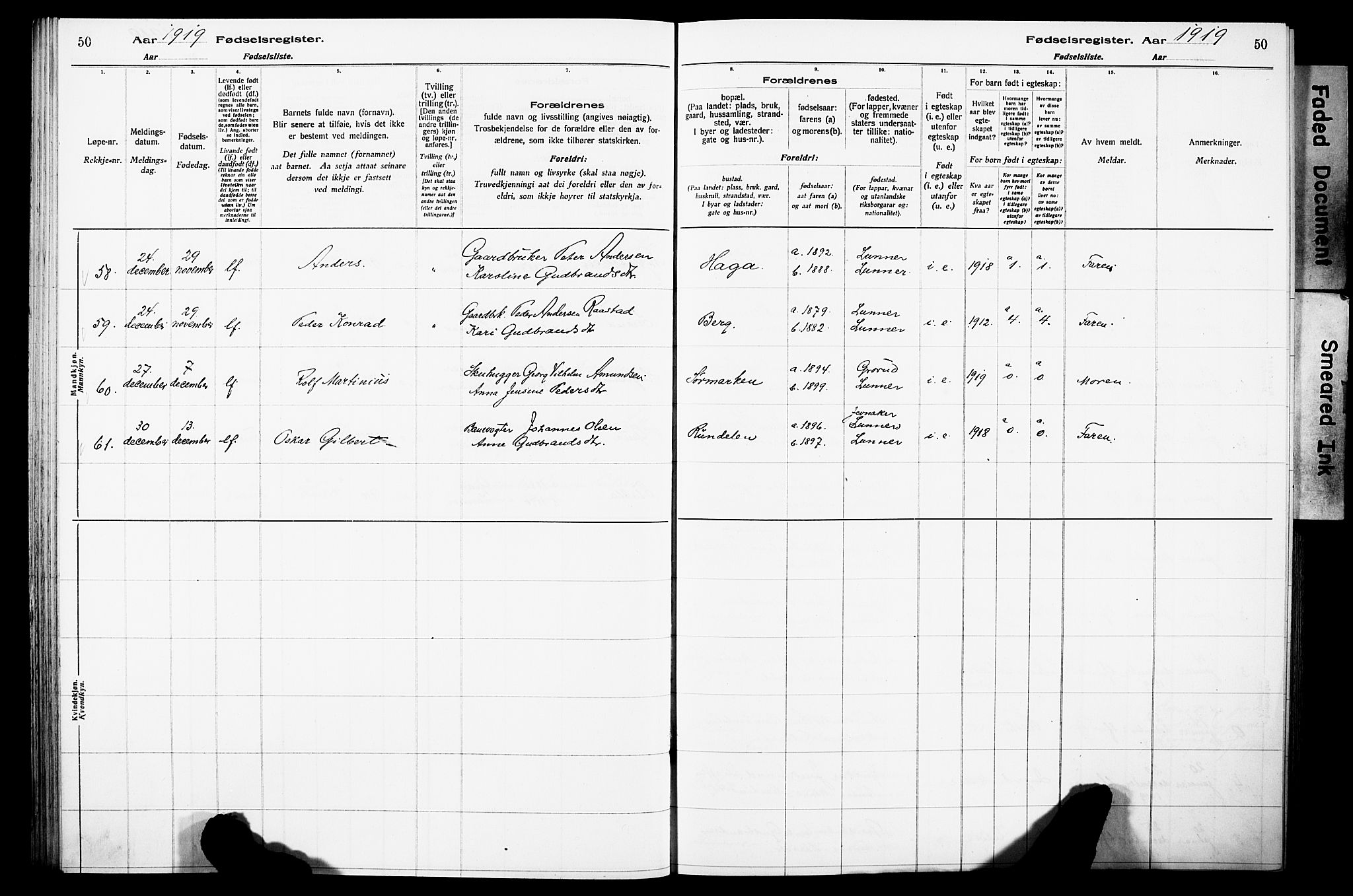 Lunner prestekontor, SAH/PREST-118/I/Id/L0001: Fødselsregister nr. 1, 1916-1932, s. 50