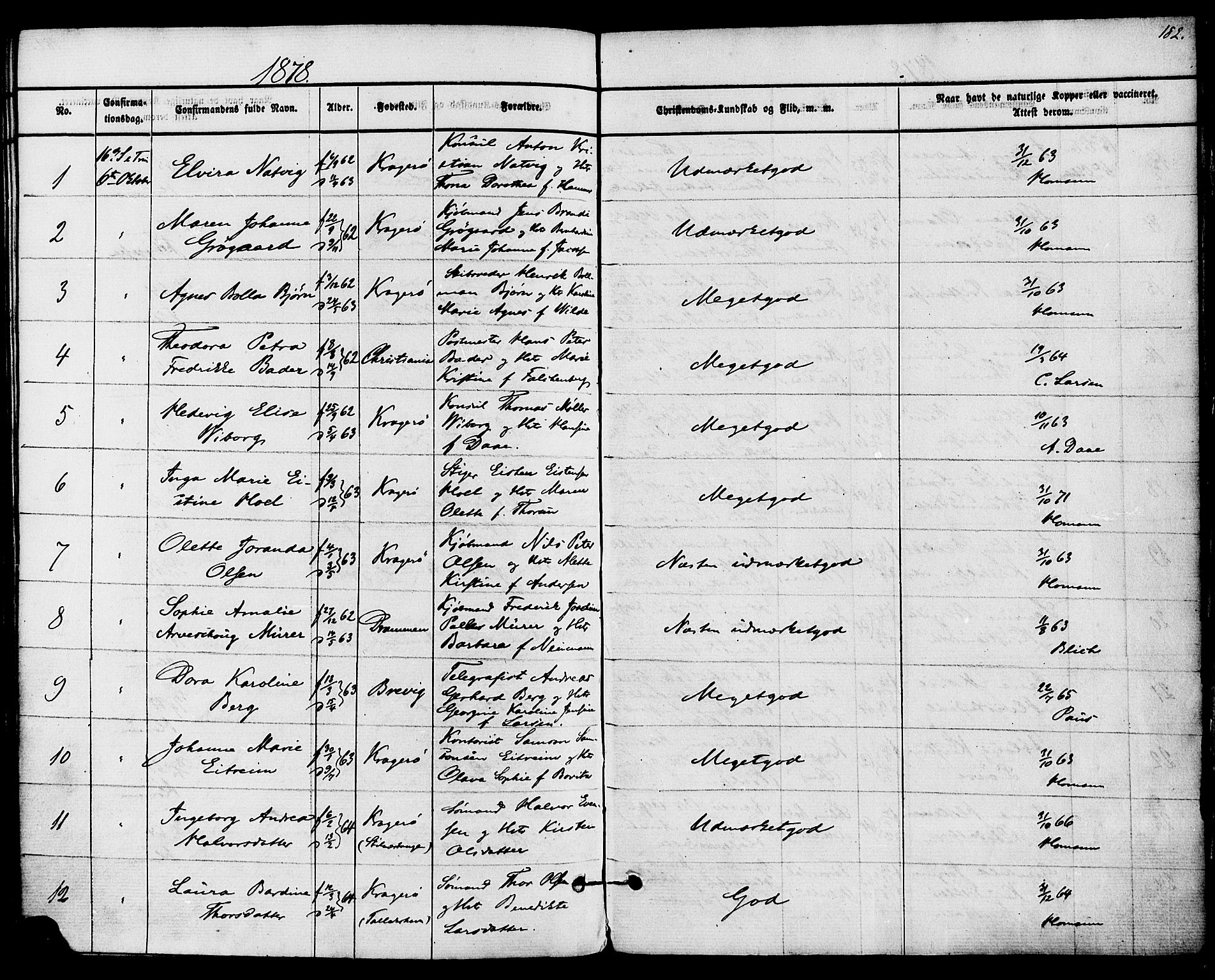 Kragerø kirkebøker, AV/SAKO-A-278/F/Fa/L0008: Ministerialbok nr. 8, 1856-1880, s. 182