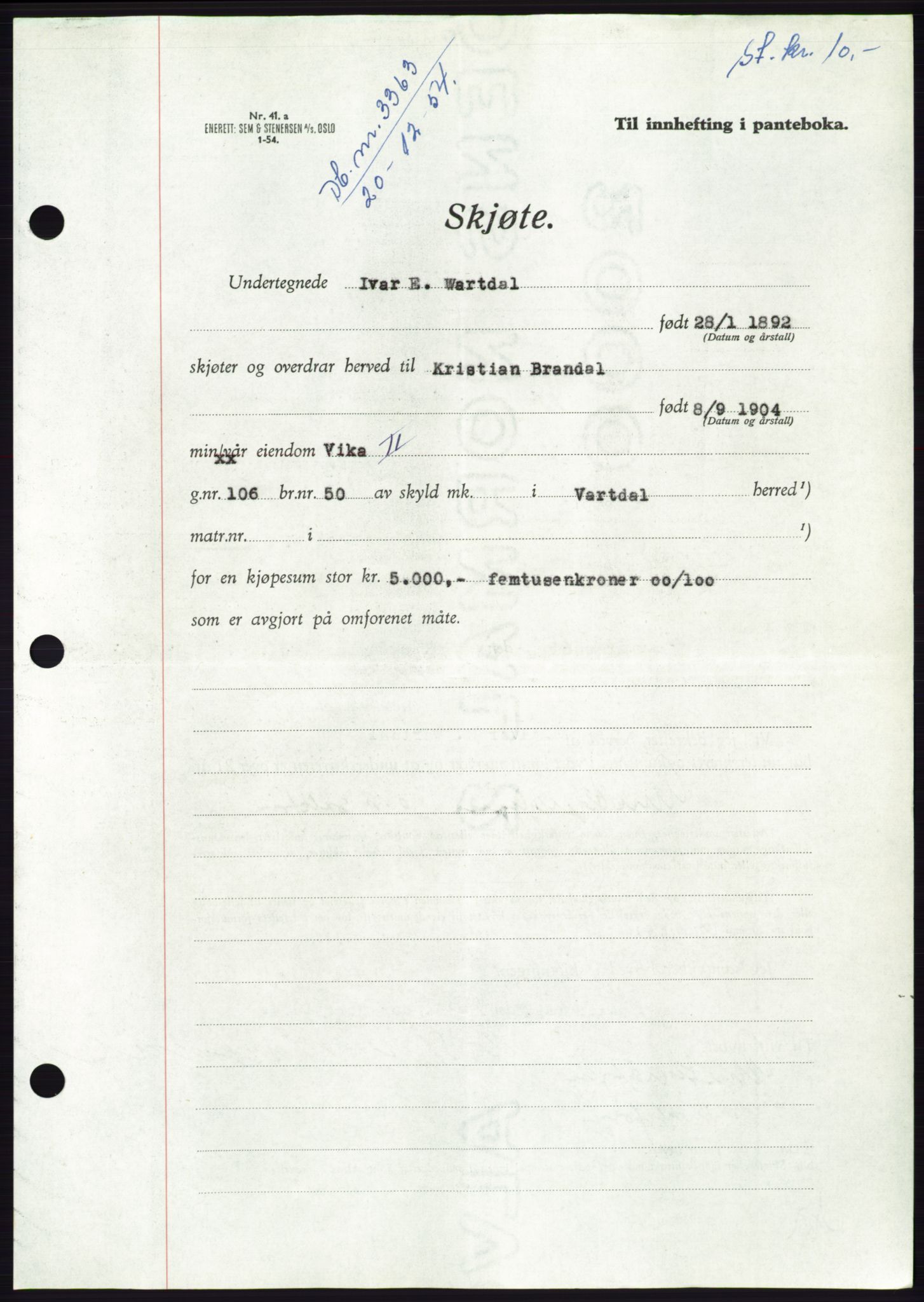 Søre Sunnmøre sorenskriveri, AV/SAT-A-4122/1/2/2C/L0099: Pantebok nr. 25A, 1954-1954, Dagboknr: 3363/1954