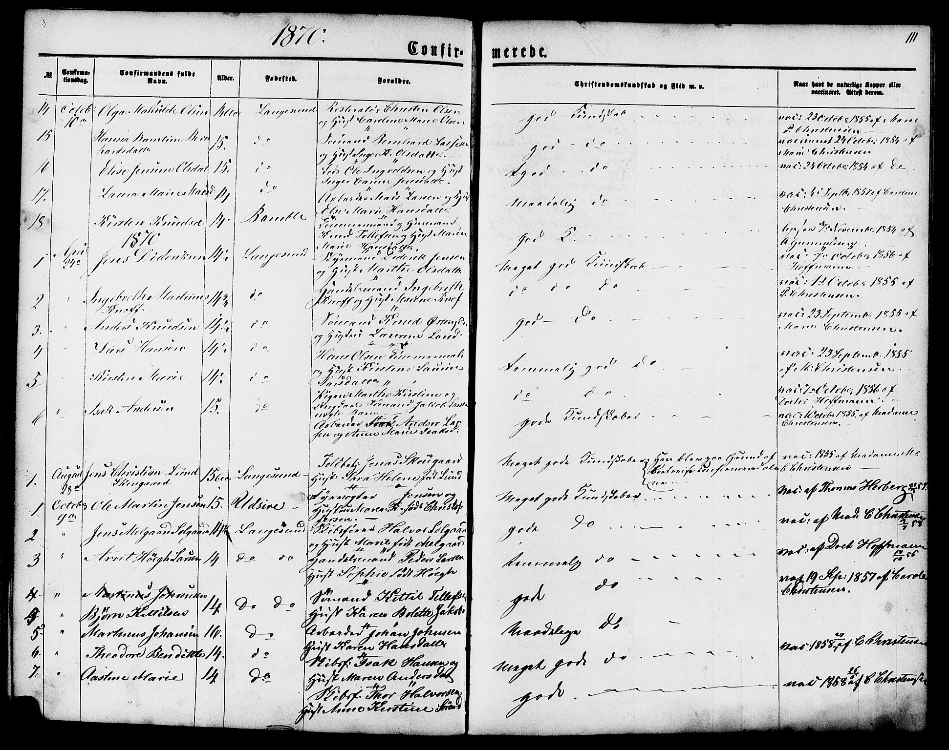 Langesund kirkebøker, AV/SAKO-A-280/G/Ga/L0004: Klokkerbok nr. 4, 1859-1884, s. 111