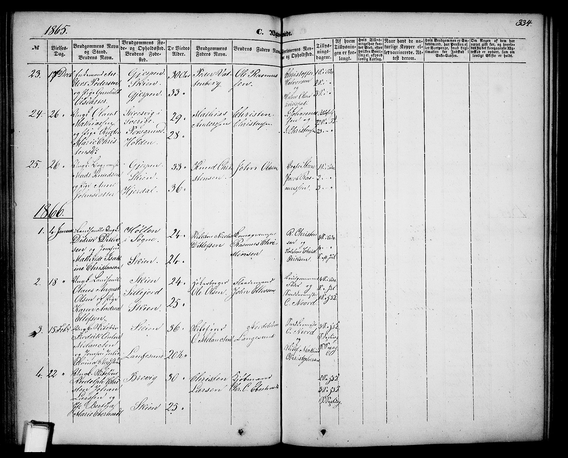 Skien kirkebøker, AV/SAKO-A-302/G/Ga/L0004: Klokkerbok nr. 4, 1843-1867, s. 334