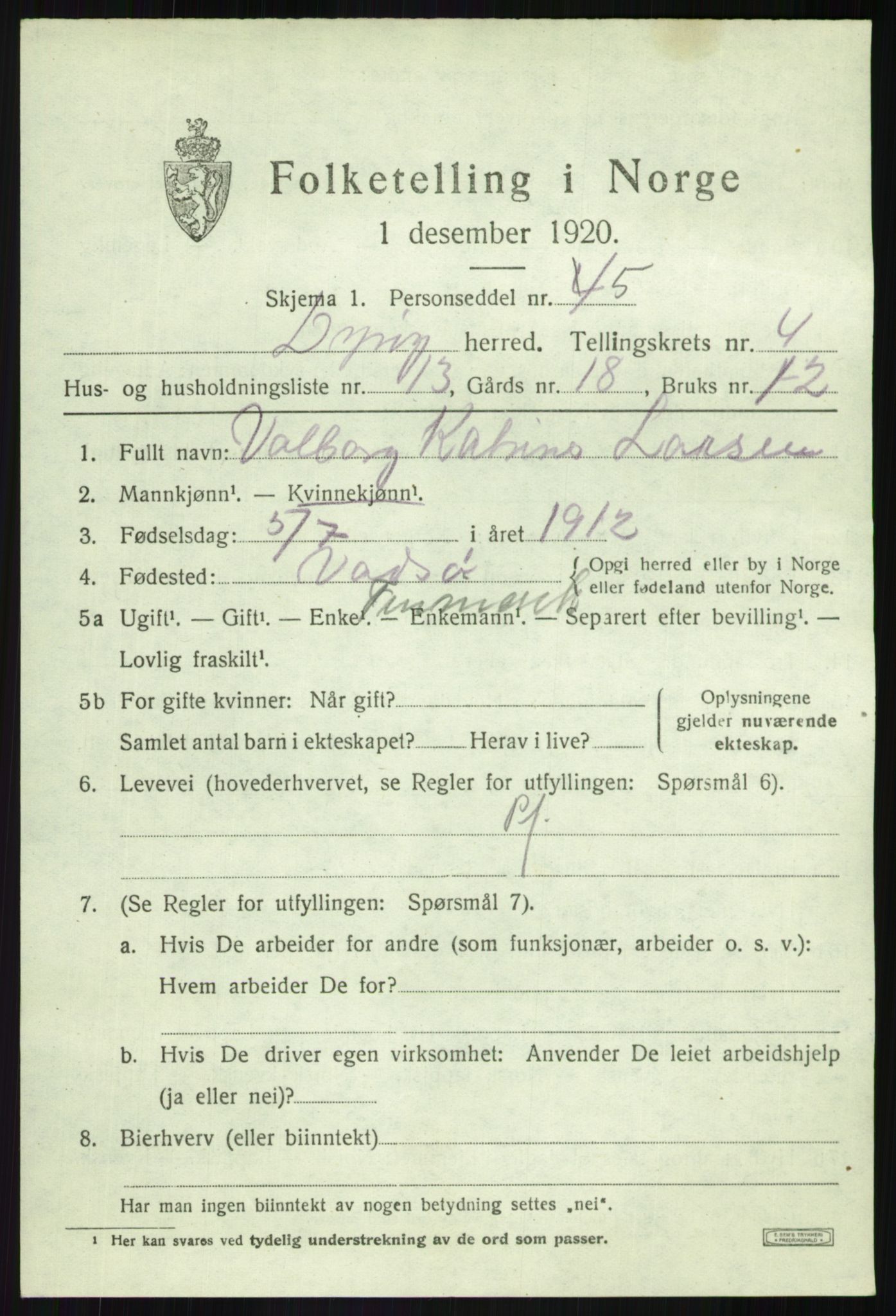 SATØ, Folketelling 1920 for 1926 Dyrøy herred, 1920, s. 2319