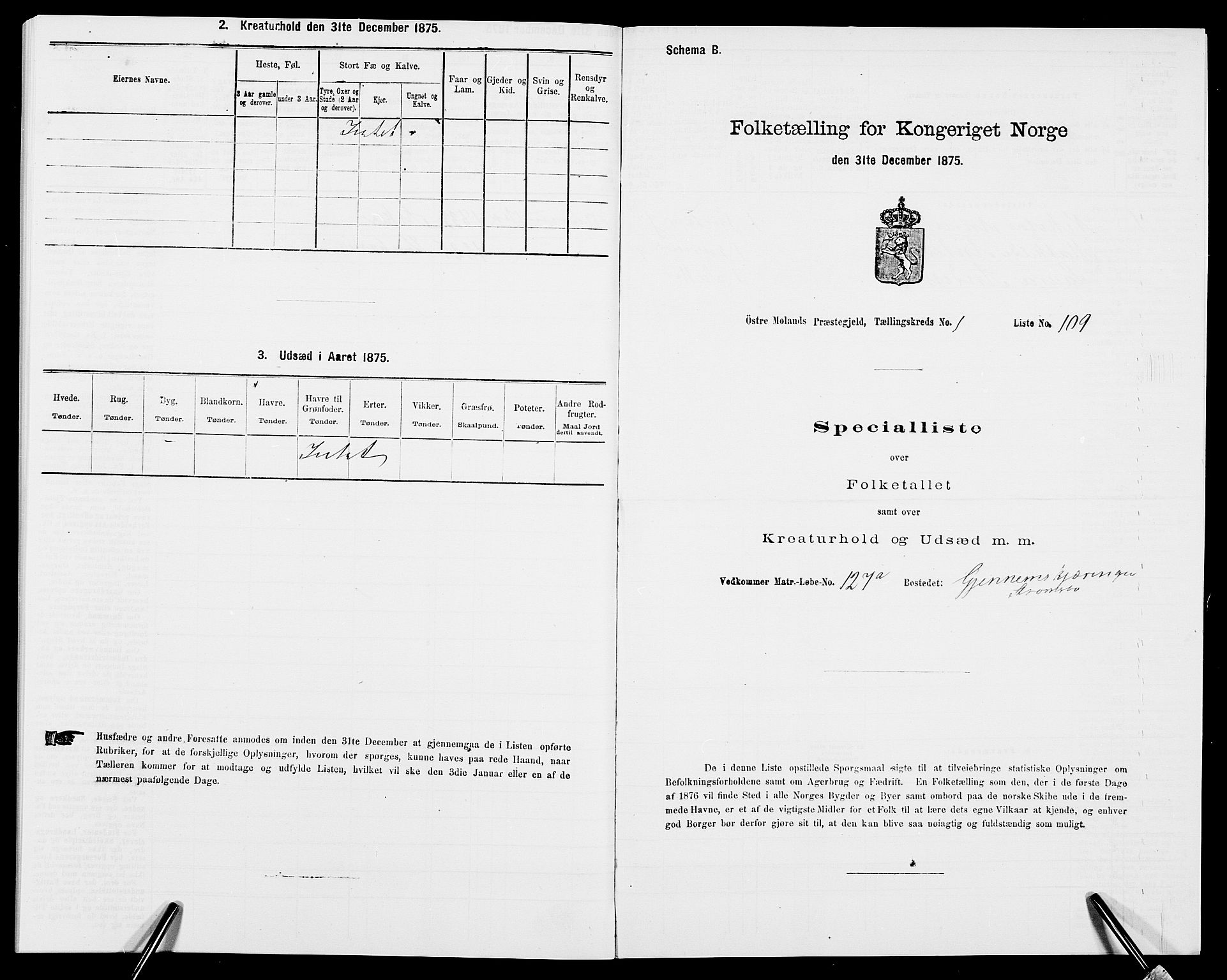 SAK, Folketelling 1875 for 0918P Austre Moland prestegjeld, 1875, s. 335