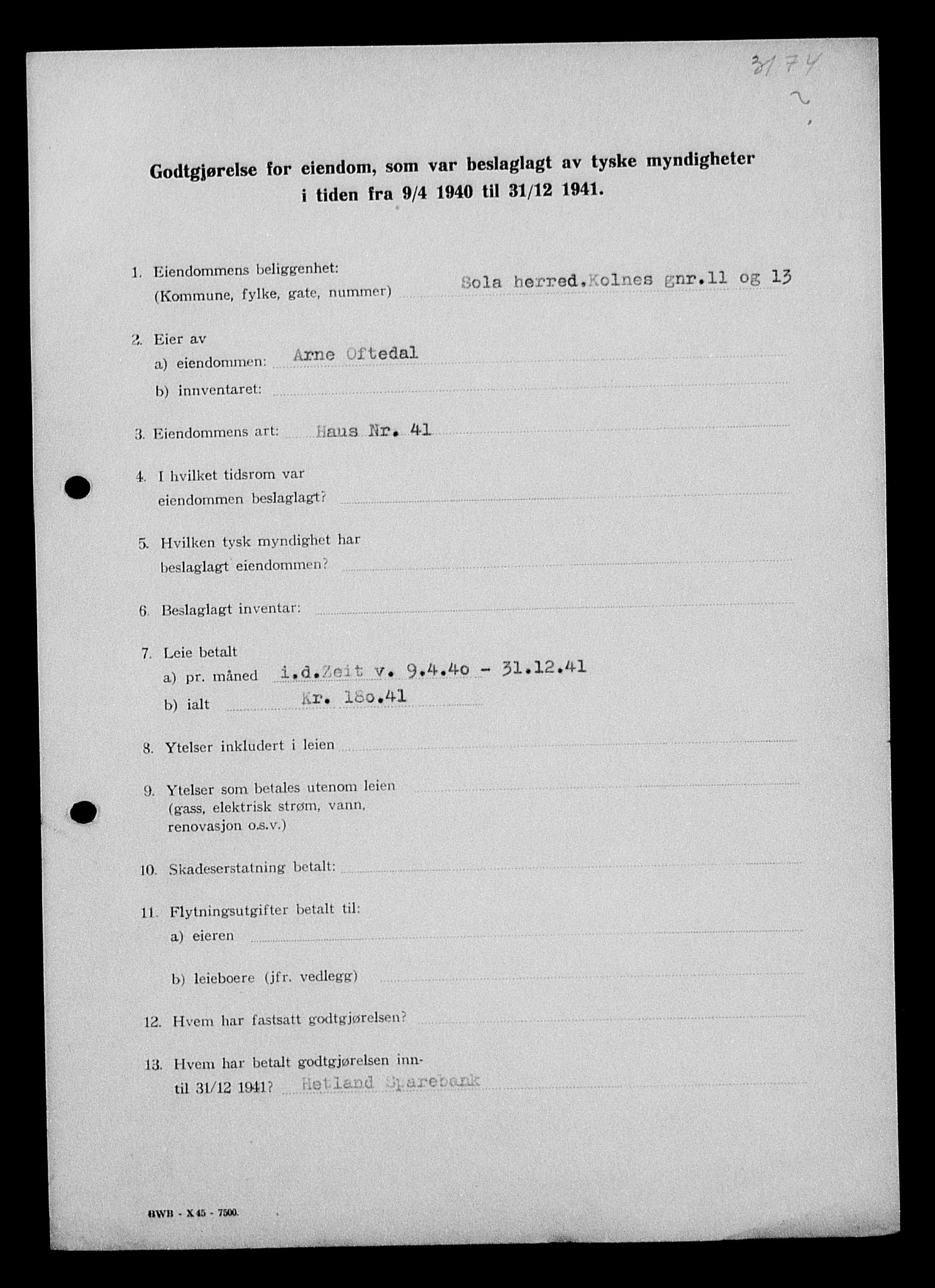 Justisdepartementet, Tilbakeføringskontoret for inndratte formuer, AV/RA-S-1564/I/L1015: Godtgjørelse for beslaglagt eiendom, 1940-1941, s. 6