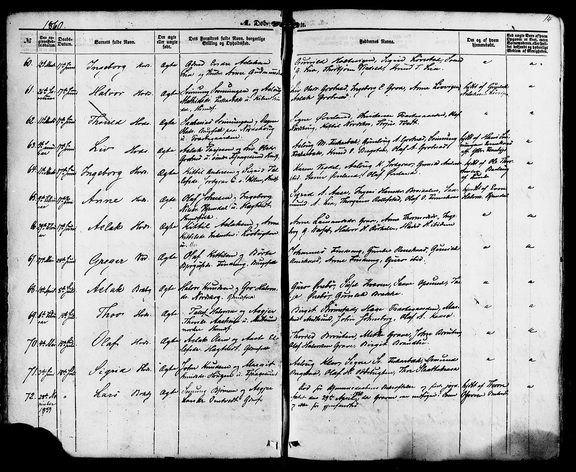 Kviteseid kirkebøker, AV/SAKO-A-276/F/Fa/L0007: Ministerialbok nr. I 7, 1859-1881, s. 14