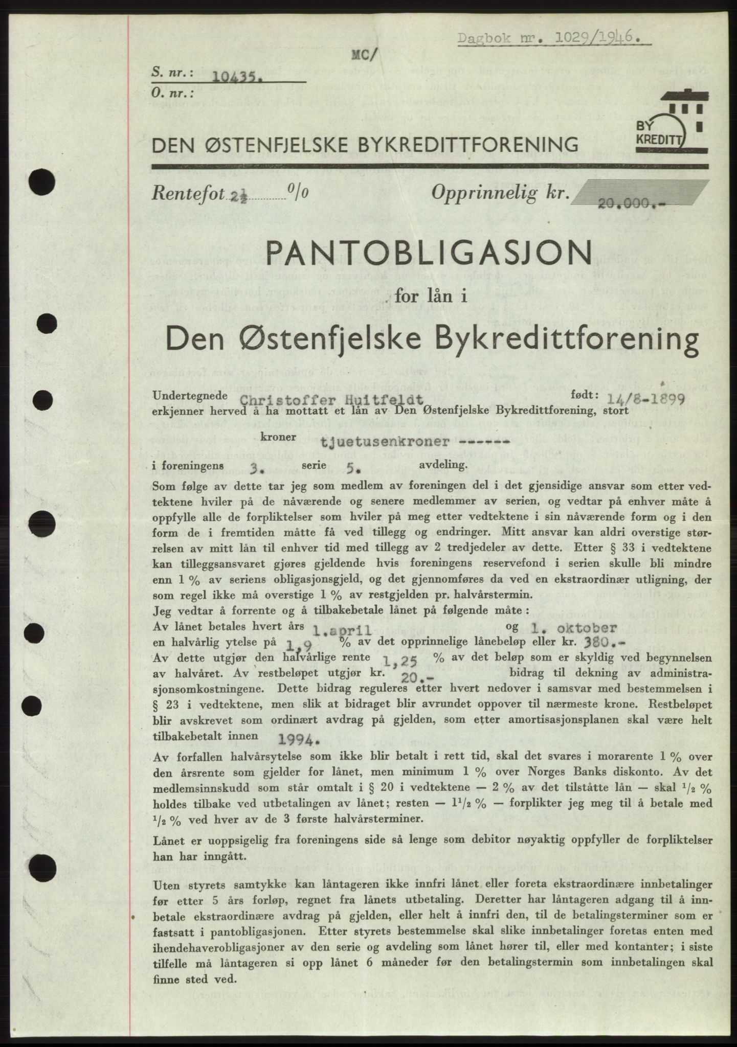 Moss sorenskriveri, SAO/A-10168: Pantebok nr. B15, 1946-1946, Dagboknr: 1029/1946