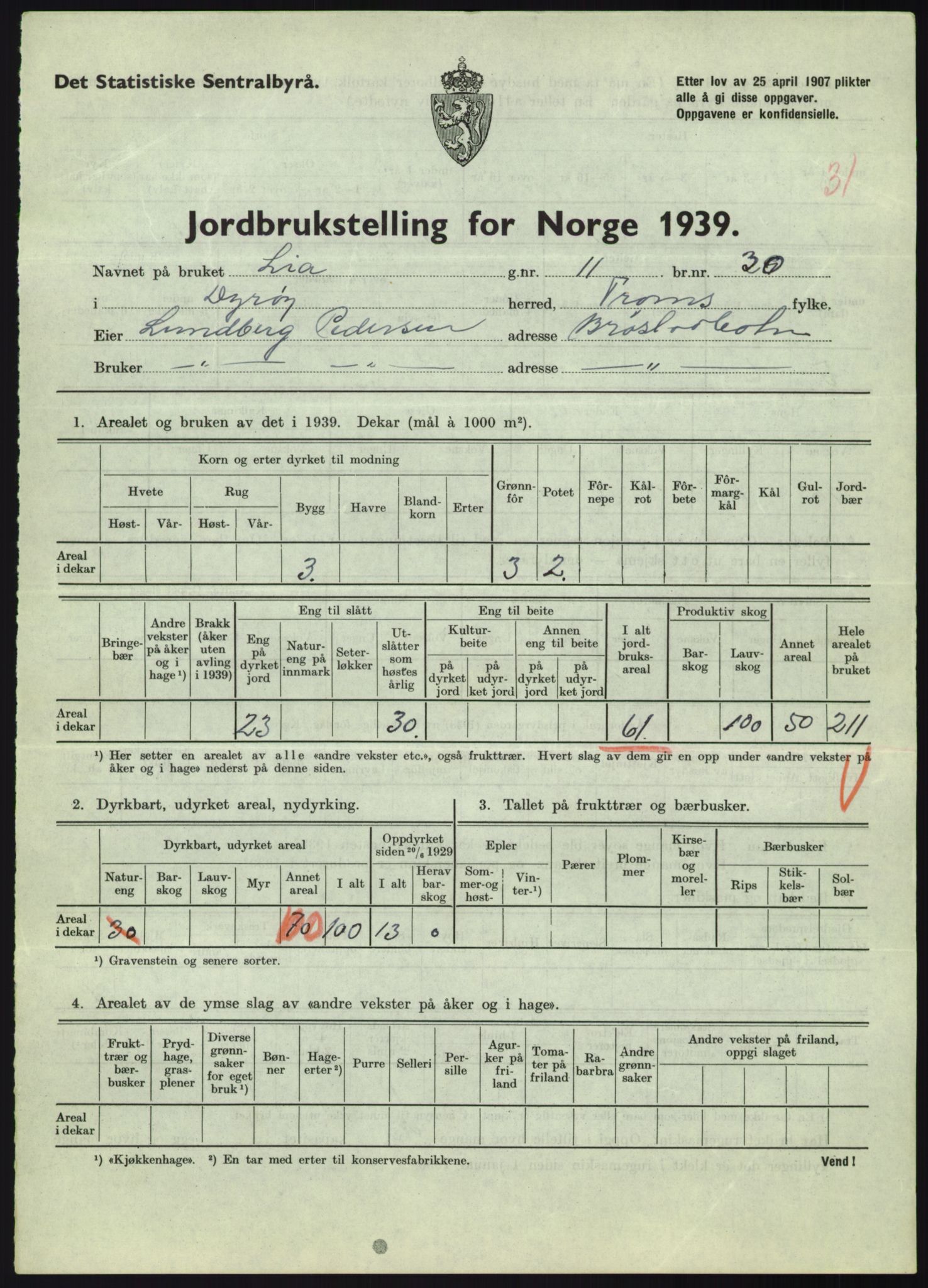 Statistisk sentralbyrå, Næringsøkonomiske emner, Jordbruk, skogbruk, jakt, fiske og fangst, AV/RA-S-2234/G/Gb/L0340: Troms: Salangen og Dyrøy, 1939, s. 1456