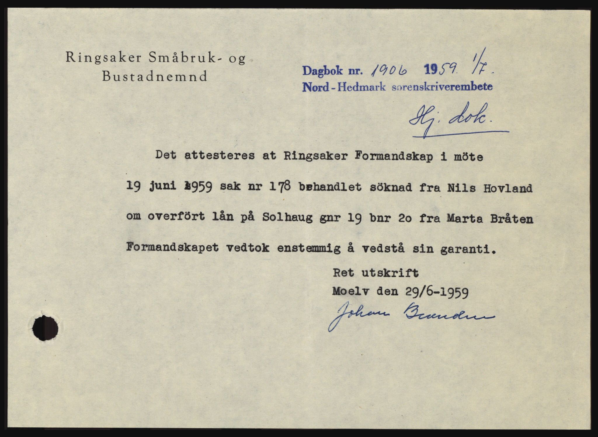 Nord-Hedmark sorenskriveri, SAH/TING-012/H/Hc/L0013: Pantebok nr. 13, 1959-1960, Dagboknr: 1906/1959