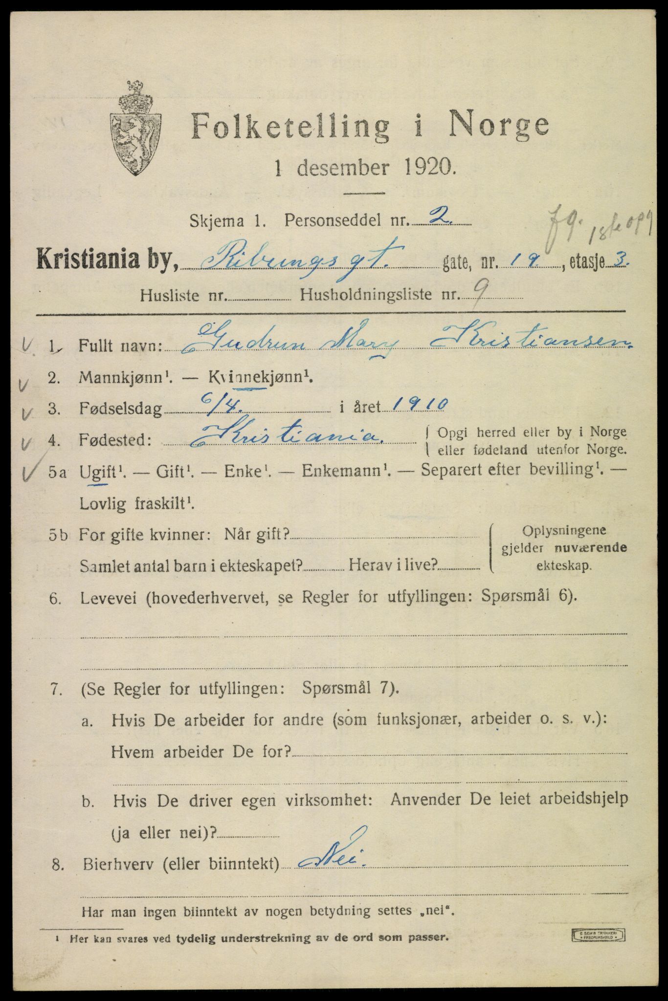 SAO, Folketelling 1920 for 0301 Kristiania kjøpstad, 1920, s. 462405