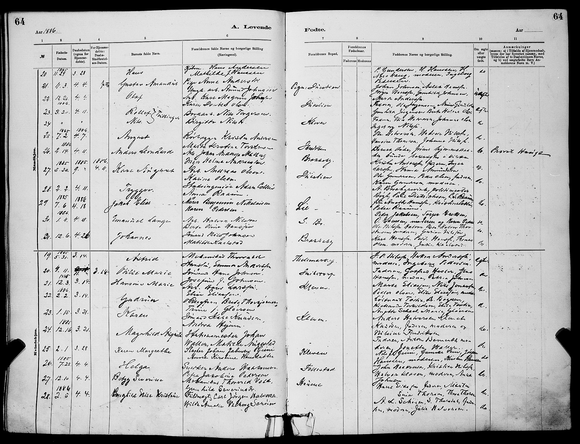 Skien kirkebøker, AV/SAKO-A-302/G/Ga/L0006: Klokkerbok nr. 6, 1881-1890, s. 64