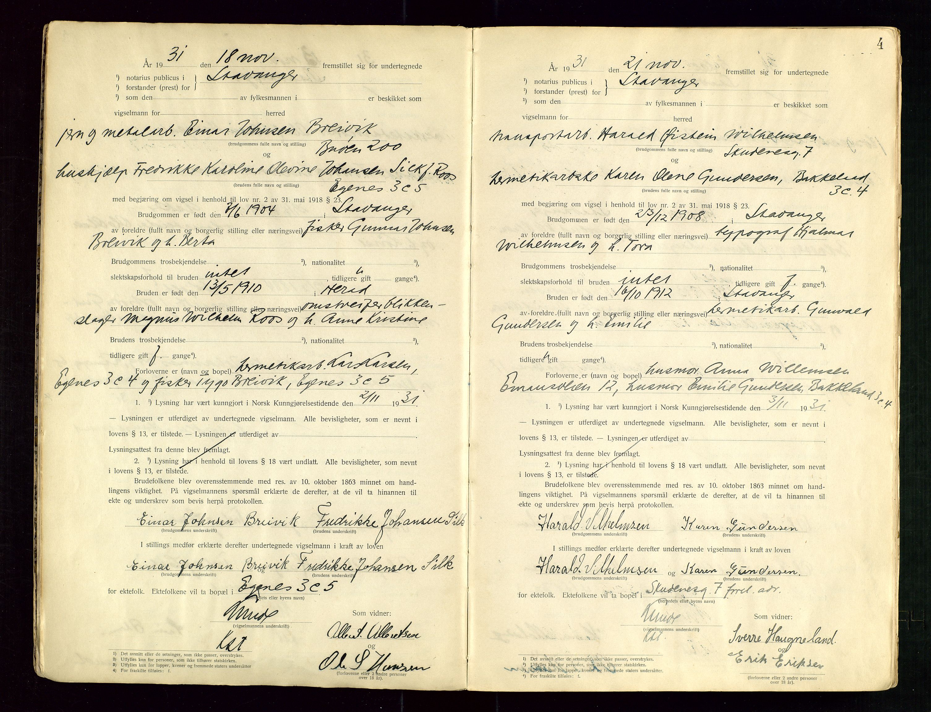 Stavanger byrett, AV/SAST-A-100455/001/6/62/62B/L0001: Vigselsprotokoll, 1931-1935, s. 4