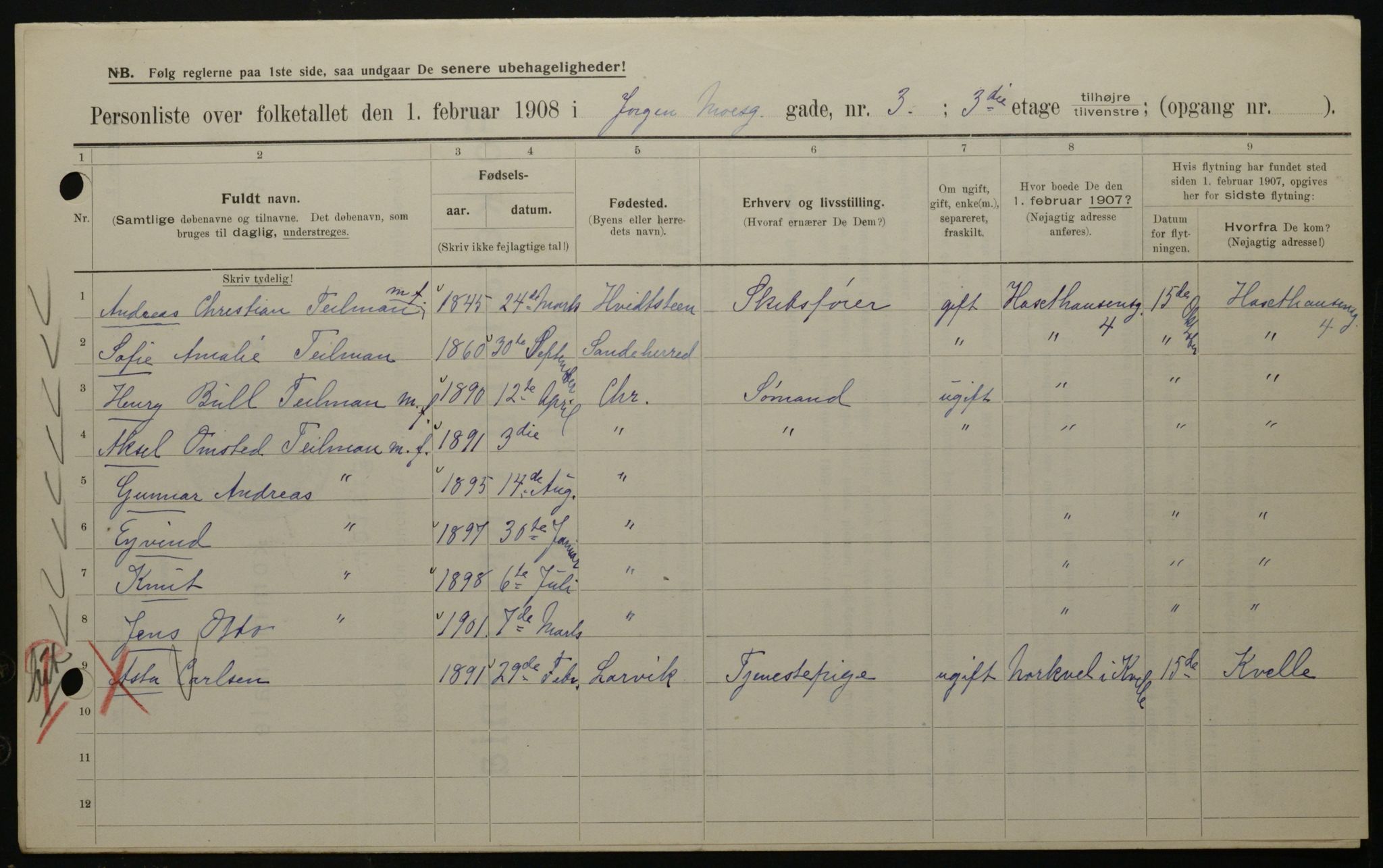 OBA, Kommunal folketelling 1.2.1908 for Kristiania kjøpstad, 1908, s. 42678