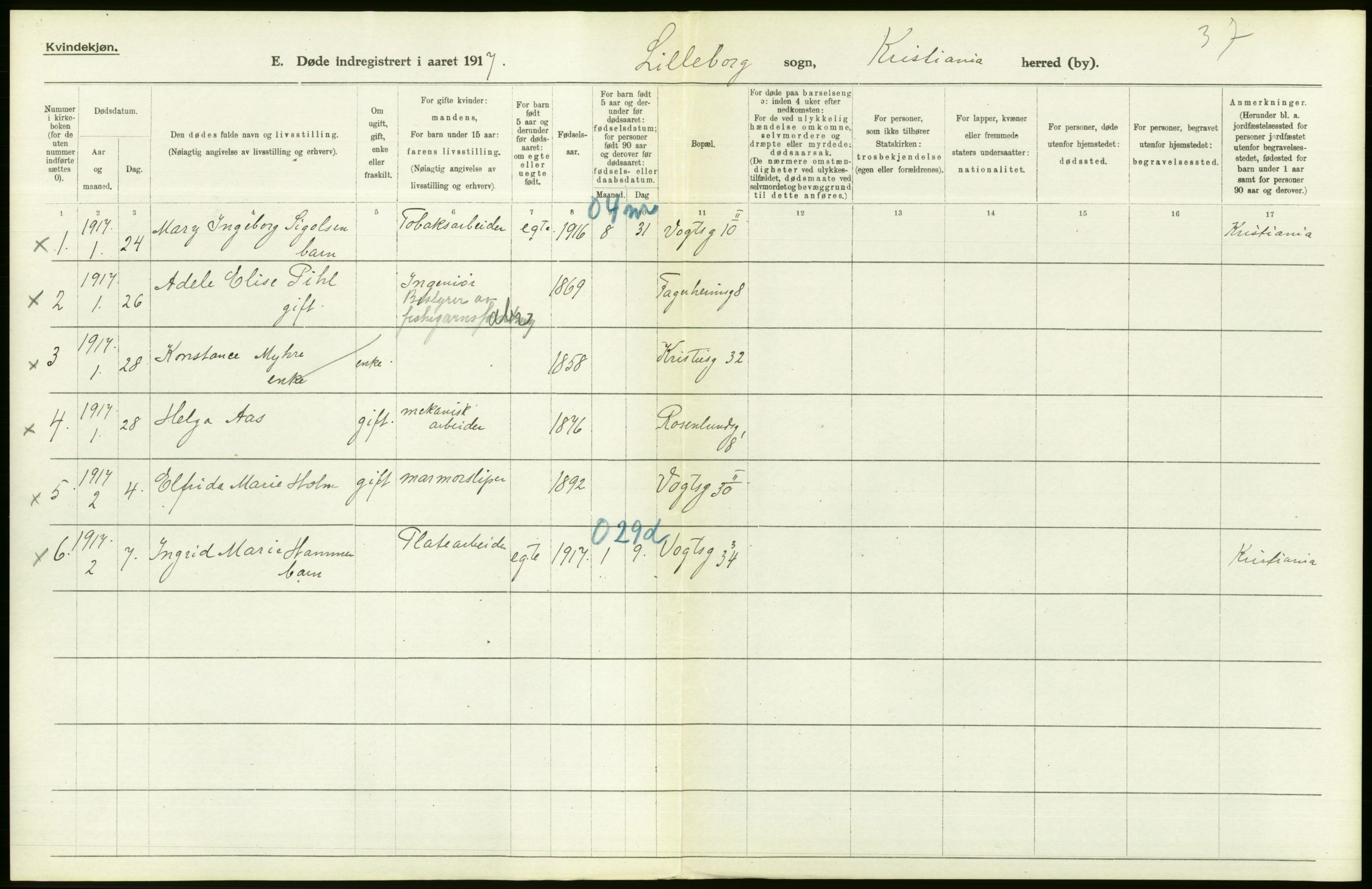 Statistisk sentralbyrå, Sosiodemografiske emner, Befolkning, AV/RA-S-2228/D/Df/Dfb/Dfbg/L0010: Kristiania: Døde, 1917, s. 144