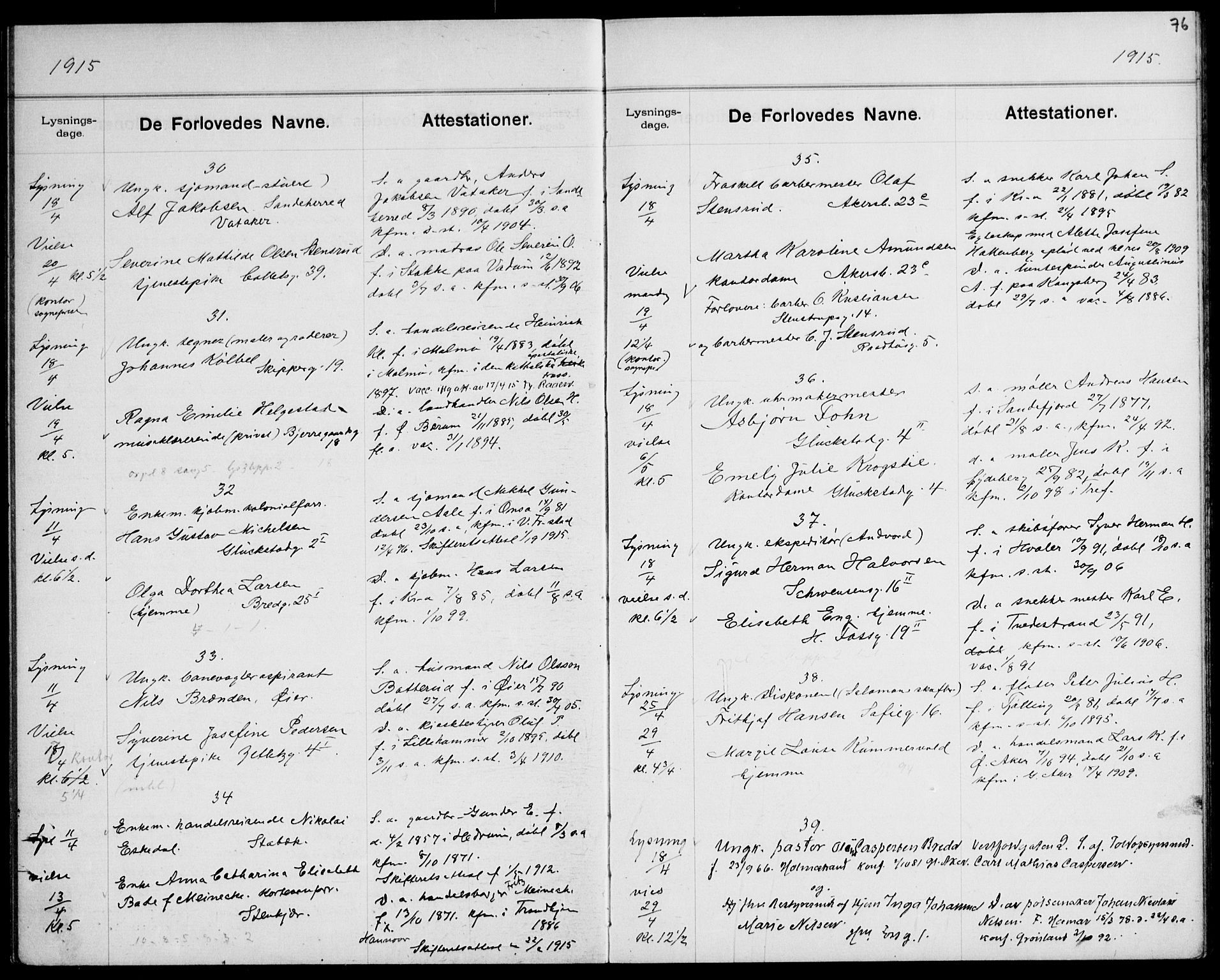 Gamle Aker prestekontor Kirkebøker, AV/SAO-A-10617a/H/L0004: Lysningsprotokoll nr. 4, 1909-1918, s. 76