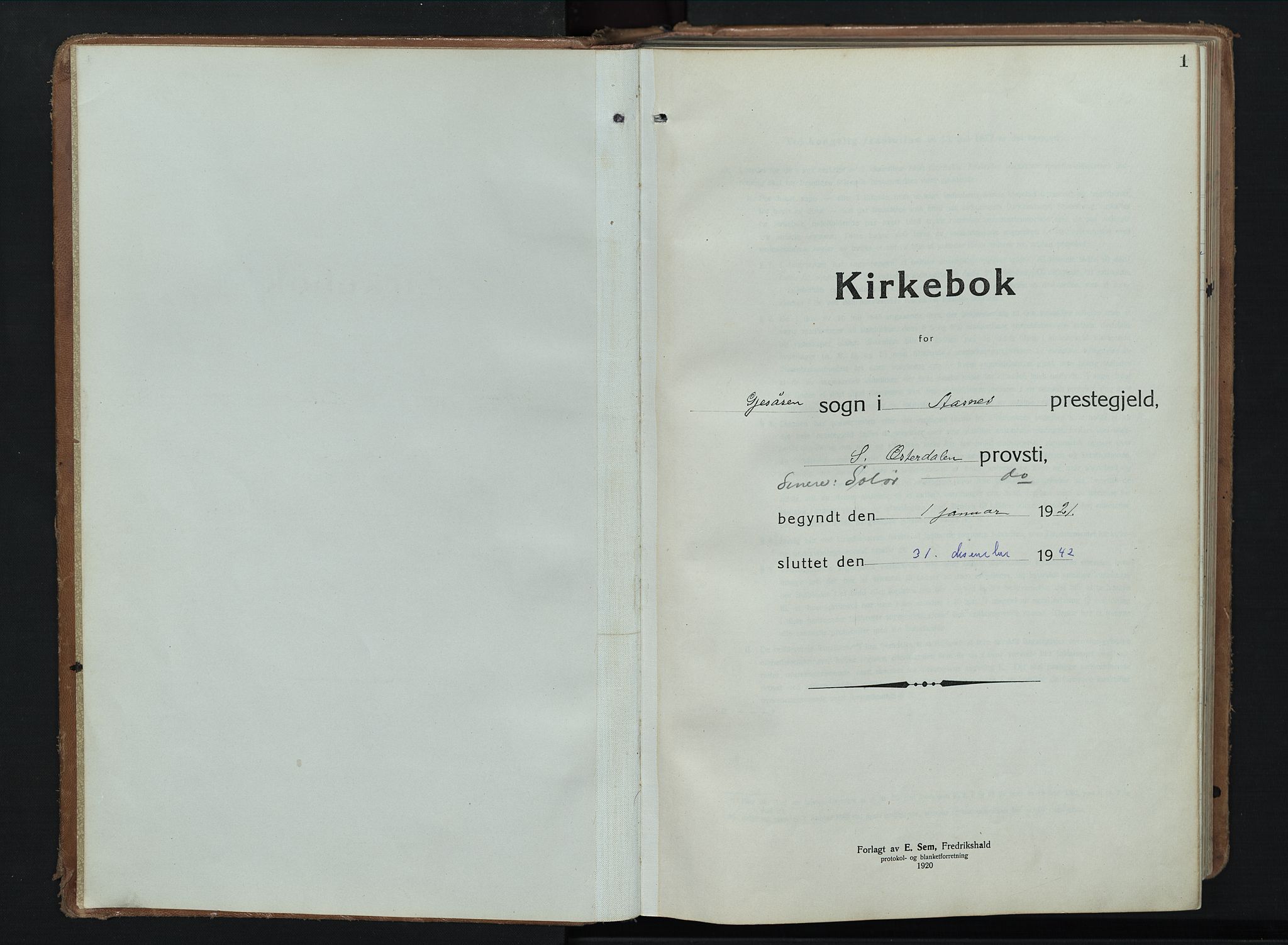 Åsnes prestekontor, SAH/PREST-042/H/Ha/Hab/L0012: Klokkerbok nr. 12, 1921-1942, s. 1