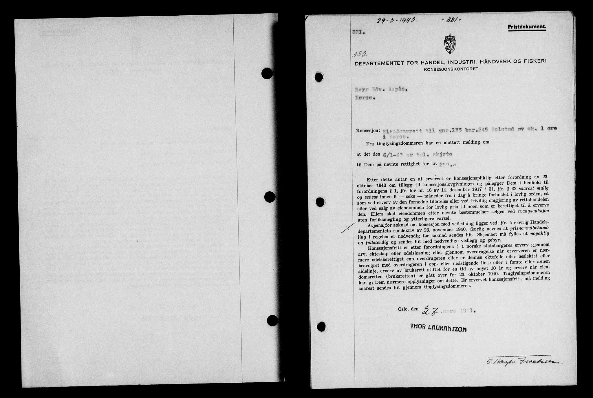 Gauldal sorenskriveri, SAT/A-0014/1/2/2C/L0056: Pantebok nr. 61, 1942-1943, Dagboknr: 353/1943