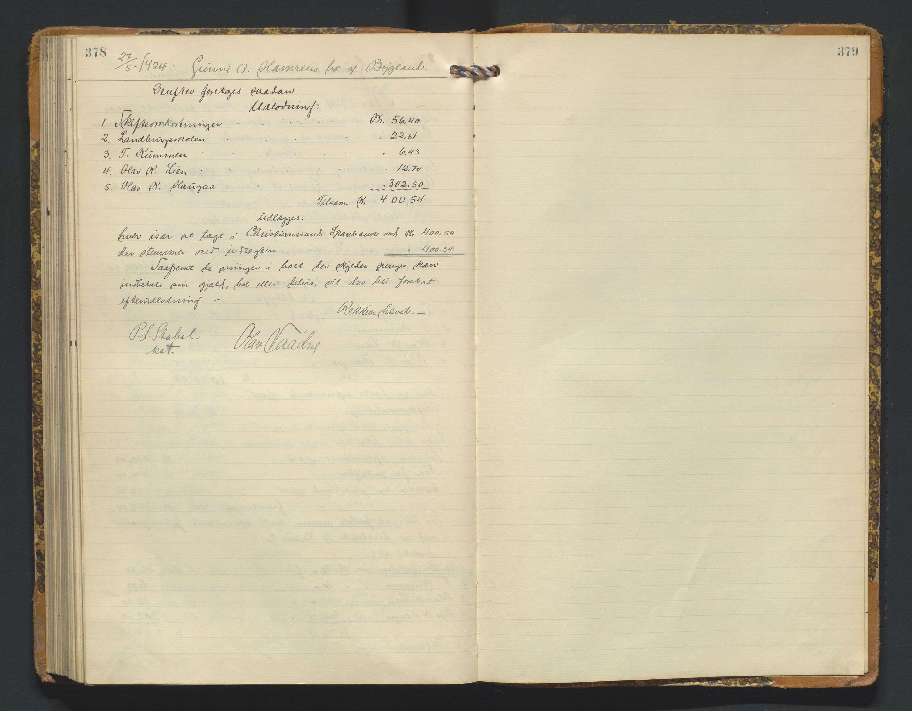 Setesdal sorenskriveri, AV/SAK-1221-0011/H/Hc/L0050: Skifteutlodningsprotokoll nr 4, med register, 1914-1924, s. 378-379