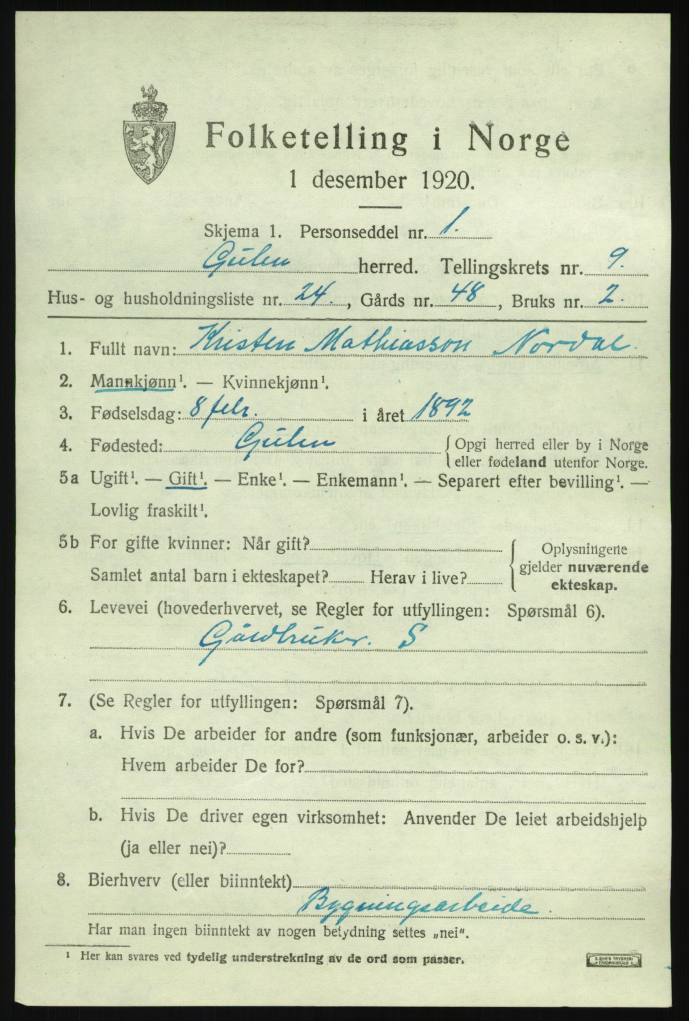 SAB, Folketelling 1920 for 1411 Gulen herred, 1920, s. 4217