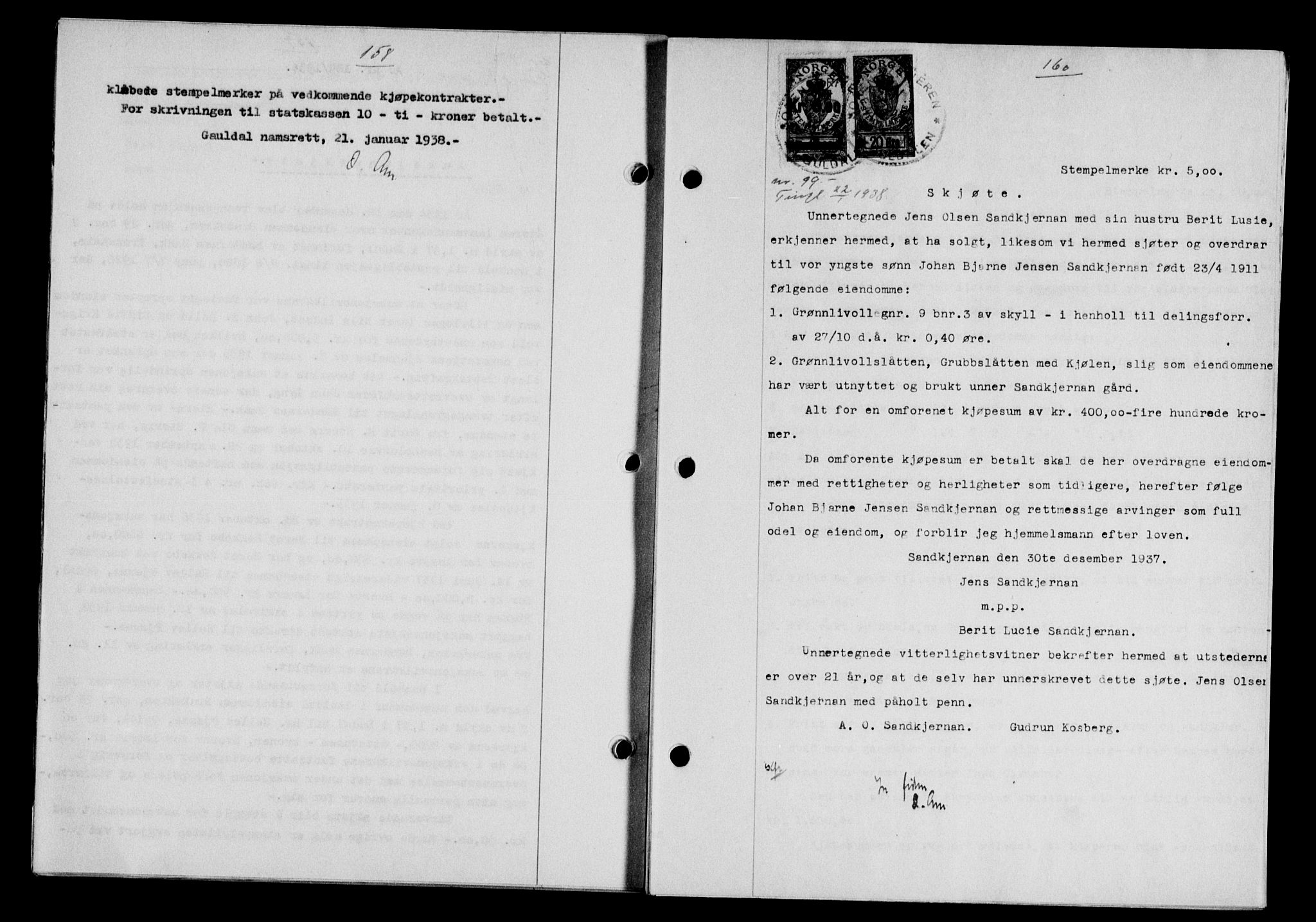 Gauldal sorenskriveri, SAT/A-0014/1/2/2C/L0048: Pantebok nr. 51-52, 1937-1938, s. 158, Dagboknr: 99/1938