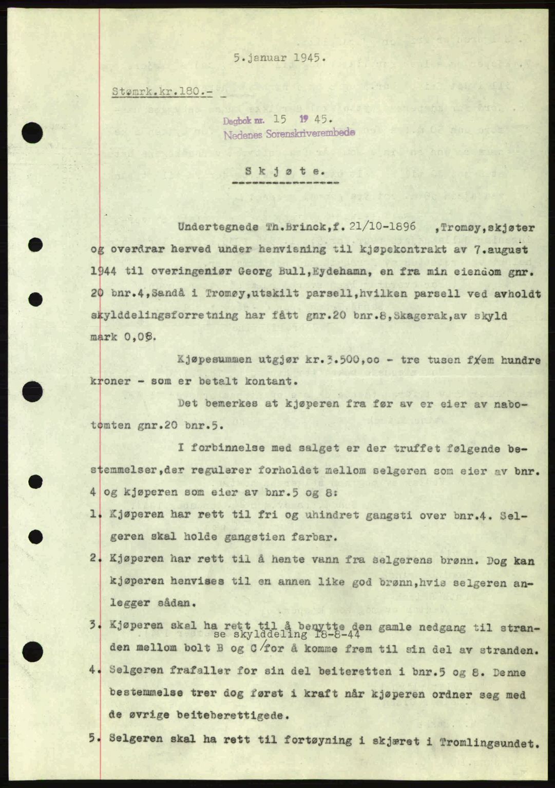 Nedenes sorenskriveri, SAK/1221-0006/G/Gb/Gba/L0052: Pantebok nr. A6a, 1944-1945, Dagboknr: 15/1945