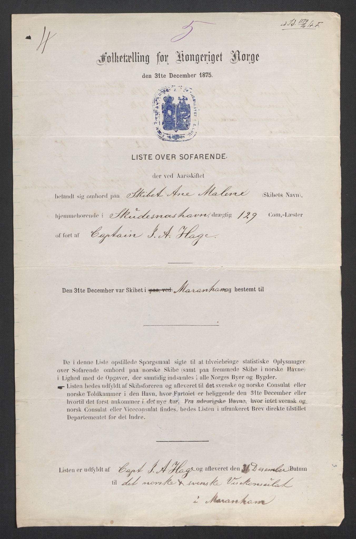 RA, Folketelling 1875, skipslister: Skip i utenrikske havner, hjemmehørende i 1) byer og ladesteder, Grimstad - Tromsø, 2) landdistrikter, 1875, s. 753