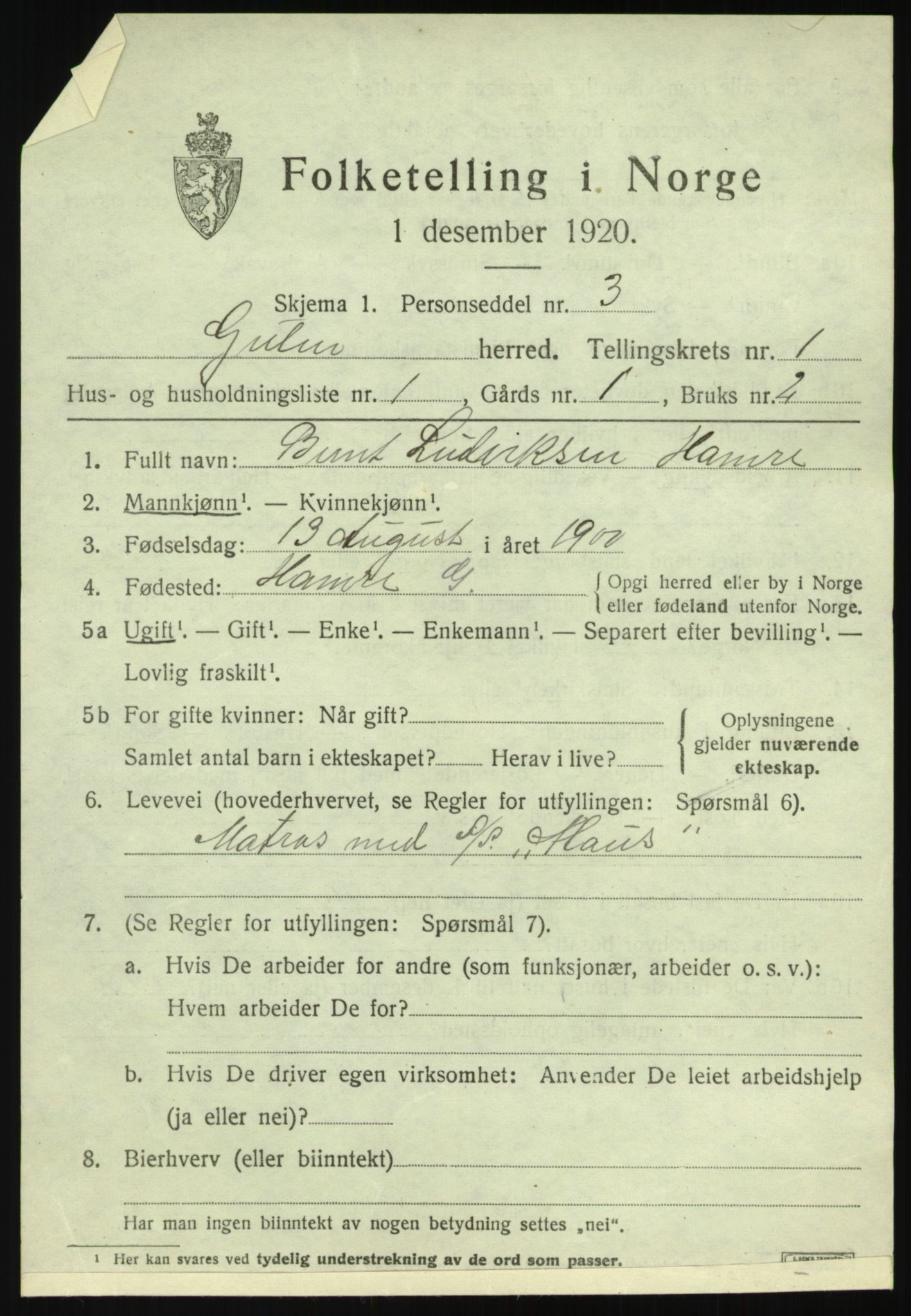 SAB, Folketelling 1920 for 1411 Gulen herred, 1920, s. 1105