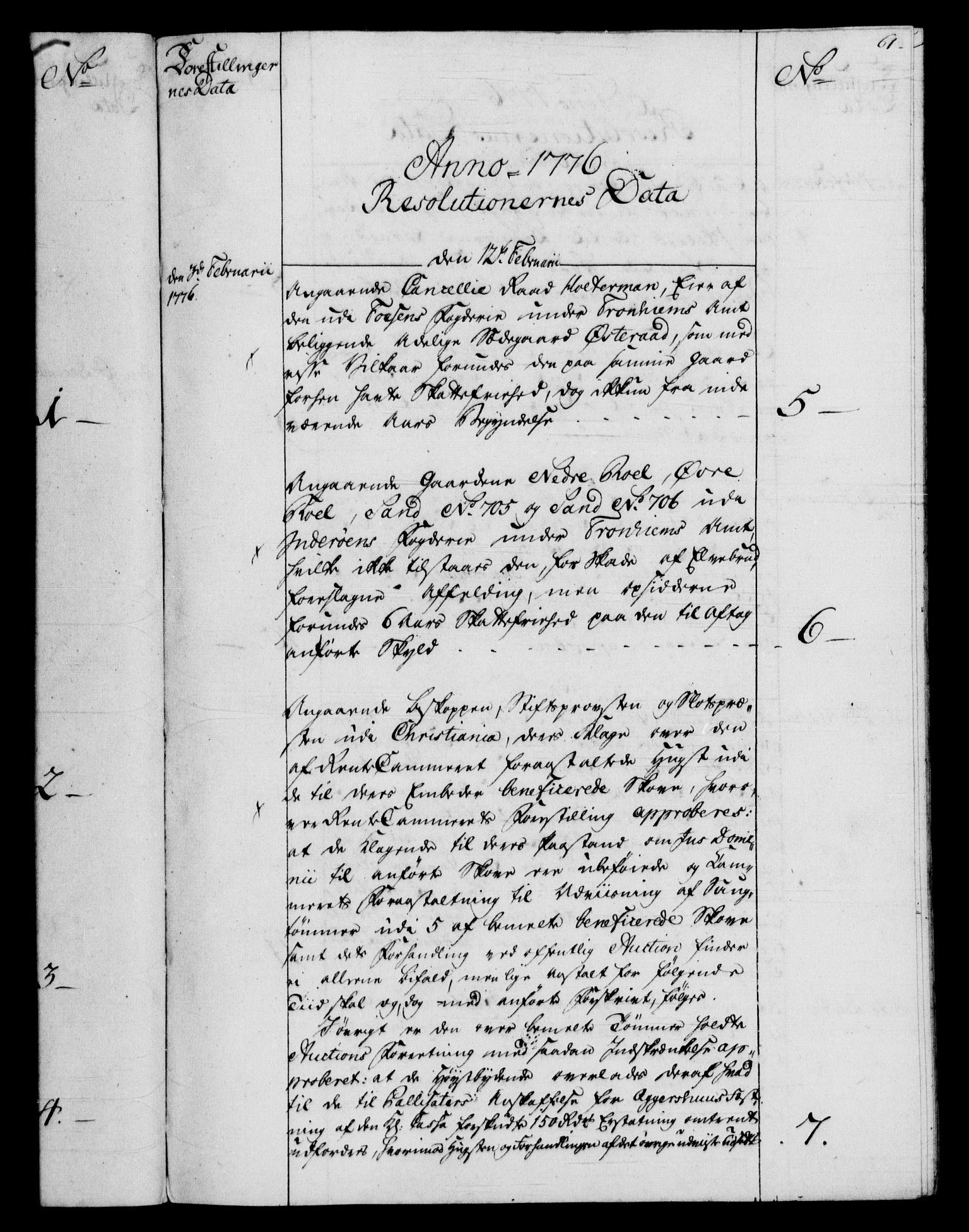 Rentekammeret, Kammerkanselliet, RA/EA-3111/G/Gf/Gfb/L0009: Register til norske relasjons- og resolusjonsprotokoller (merket RK 52.104), 1773-1780, s. 61