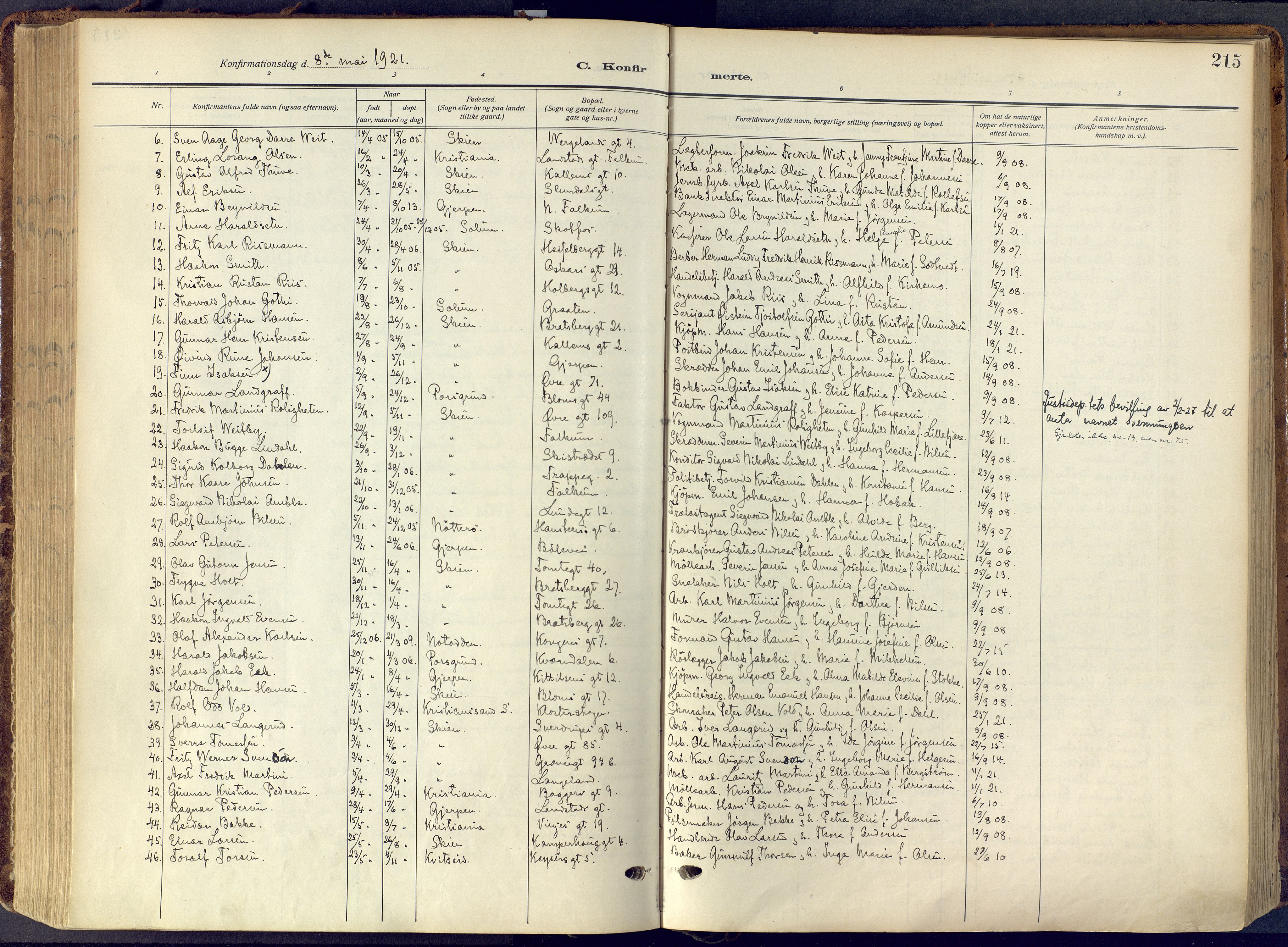 Skien kirkebøker, SAKO/A-302/F/Fa/L0013: Ministerialbok nr. 13, 1915-1921, s. 215