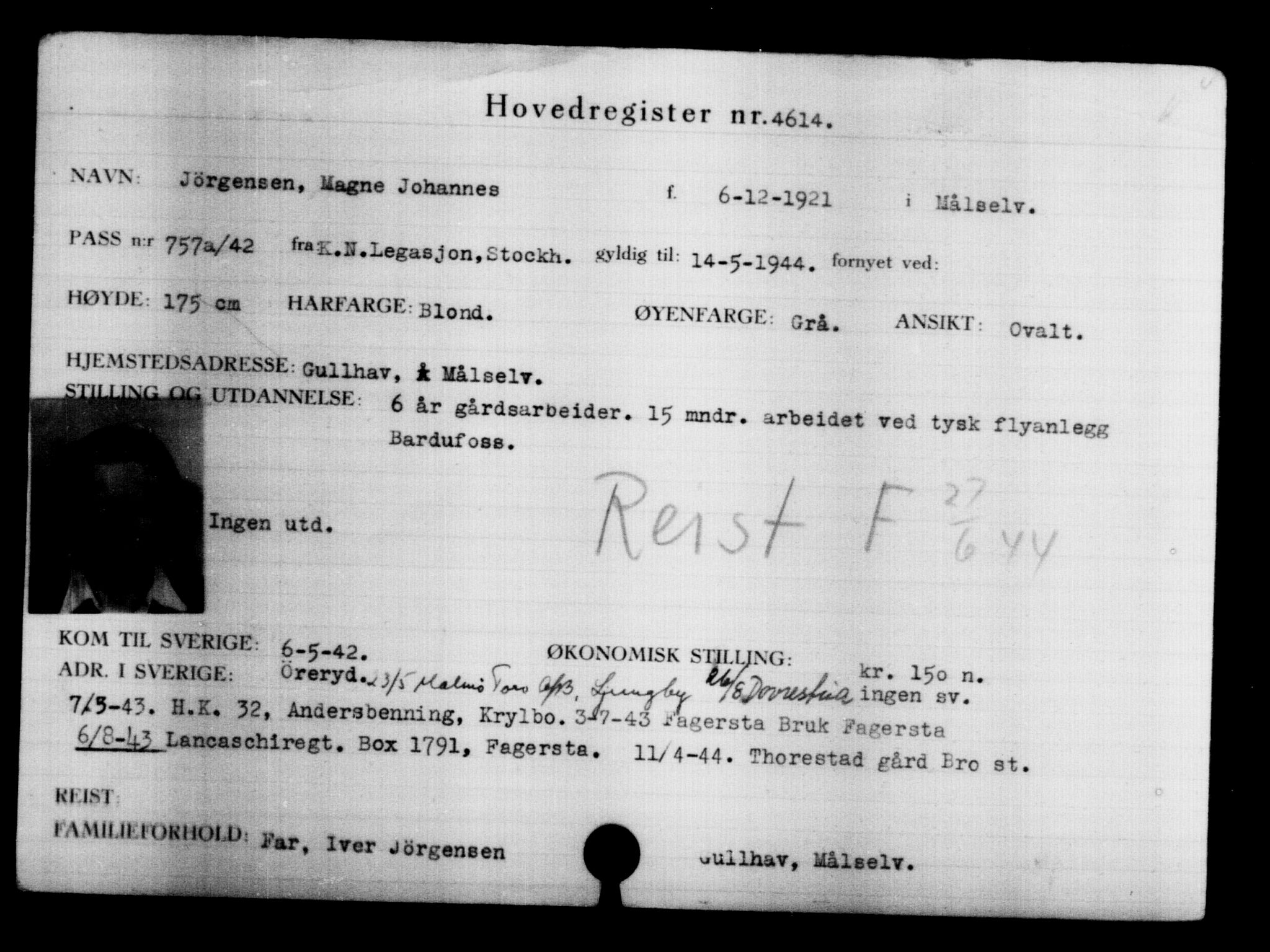 Utenriksstasjonene, Legasjonen i Stockholm, Flyktningkontoret, AV/RA-S-6753/V/Va/L0004: Kjesäterkartoteket, flyktninger med registreringsnr. 3496-6610, 1940-1945, s. 1327
